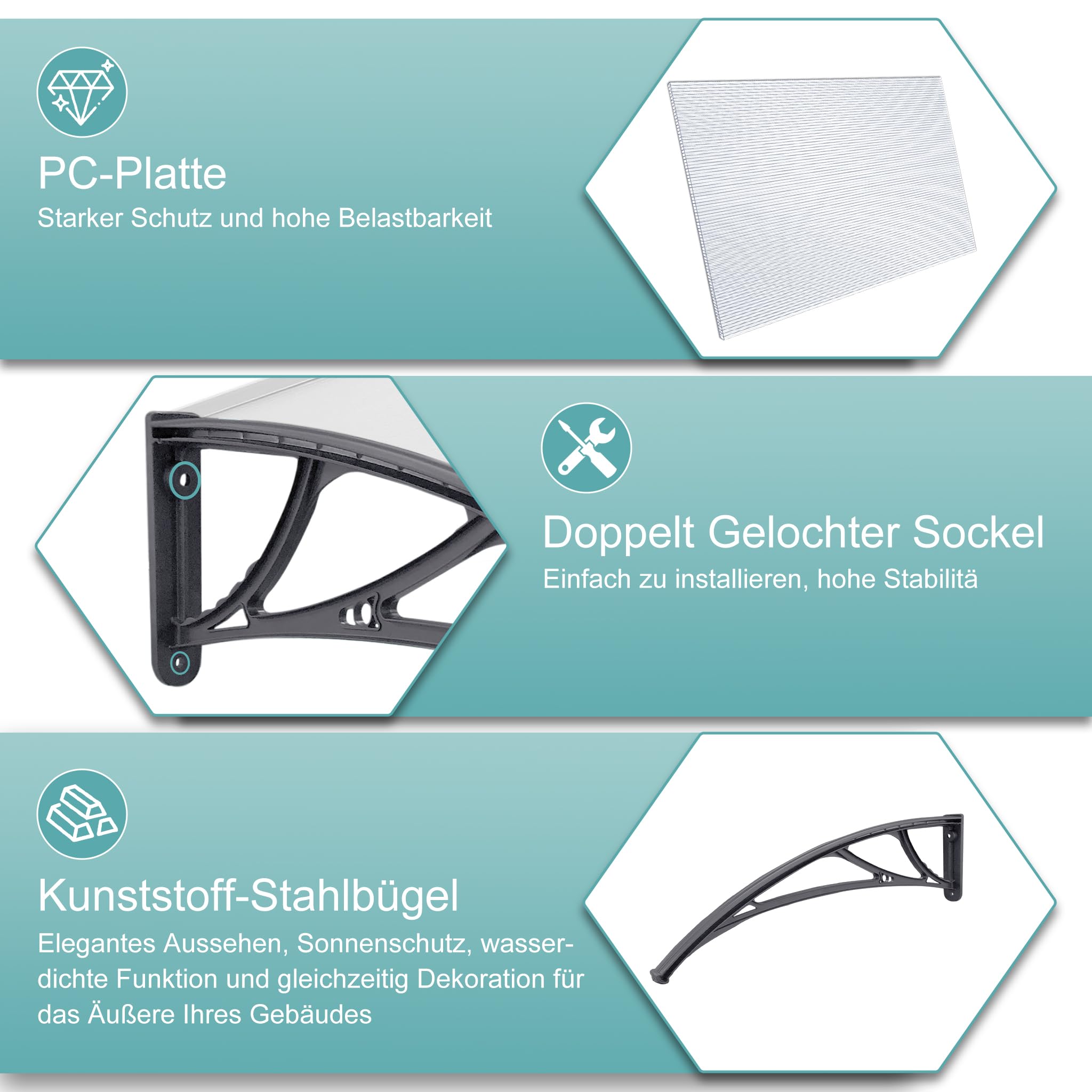 Yznahre Vordach Für Haustür, Haustürvordach Türvordach Haustürdach Pultvordach Überdachung, Transparentes Pultbogenvordach Sonnenschutz ( Dunkelgrau, 200 X 100 Cm