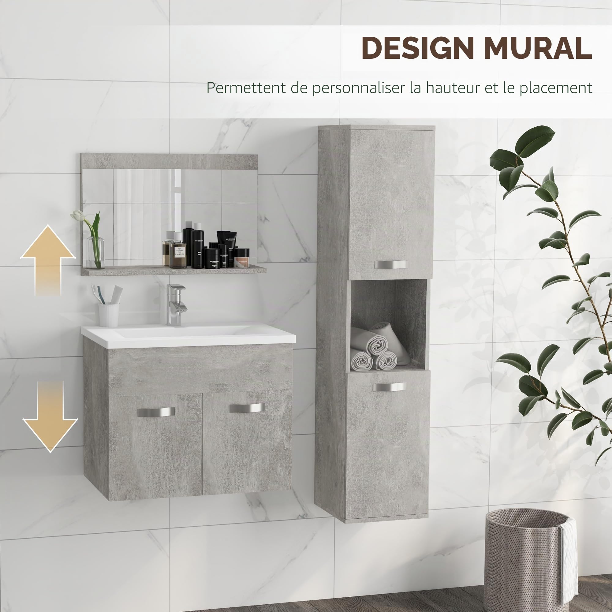 kleankin Ensemble de Meubles de Salle de Bain 4 pièces, Montage Mural, avec Miroir, Meuble sous Vasque, lavabo en céramique et Armoire Colonne Haute, étagères réglables, Style Moderne, Gris
