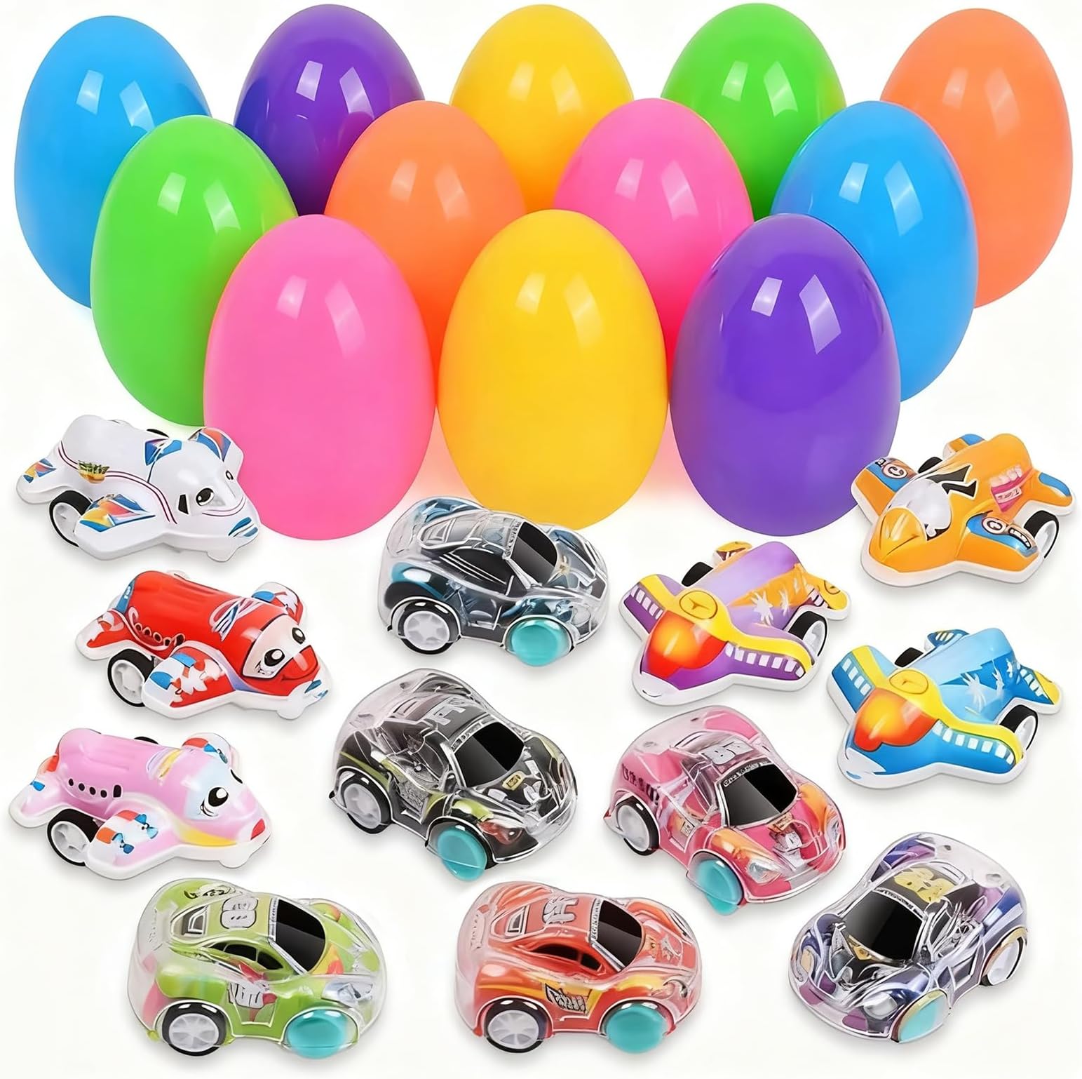 Easter Eggs & Reusable Fillable Eggs 12 Eggs, 6 Mini Airplanes, 6 Toy Cars Perfect for Easter Egg Hunts and Holiday Decorations
