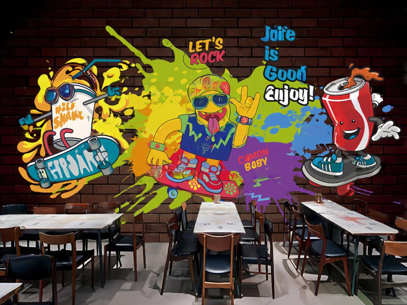 Murale moderno con tema musicale hip-hop e graffiti, sfondo per ristorante e caffetteria, 3D, 250x175 cm