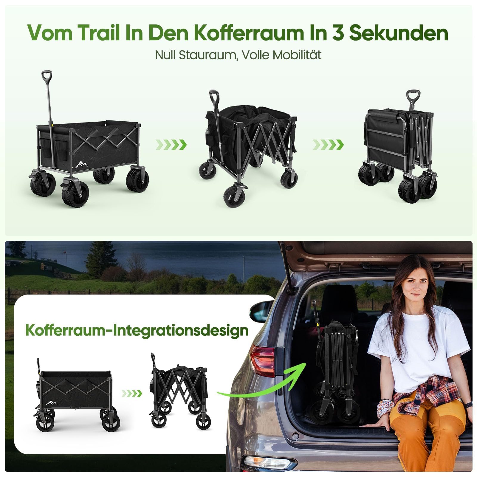 XXXL Bollerwagen Faltbar 300L mit Verstellbarer Heckklappe, 200 KG Belastbar, 360°-Schwenkbare All-Terrain-Räder & Doppelbremsen, Verstellbarer Griff & 2 Netztaschen，Strand/Wanderung/Camping/Einkauf