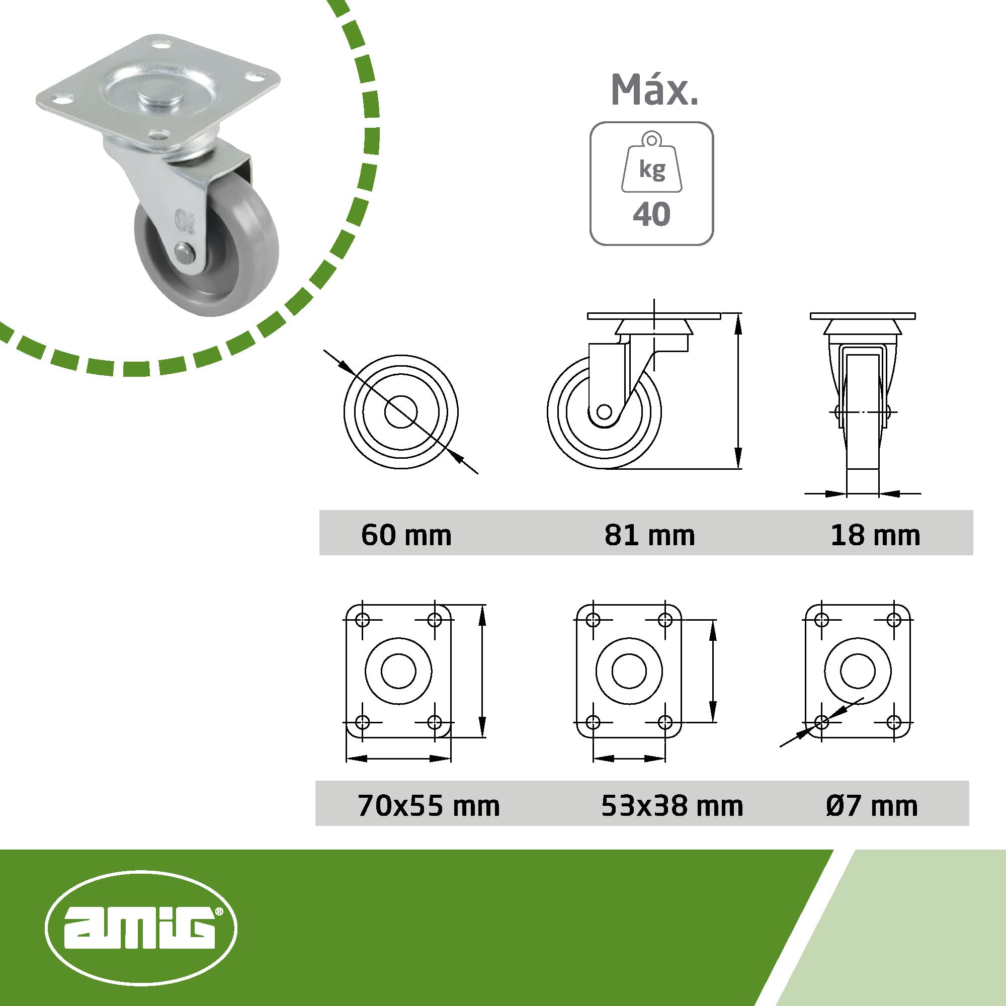 Amig - Pack of 4 Furniture Wheels Mod. 2500 with Platform and Bearings, grau - Image 3