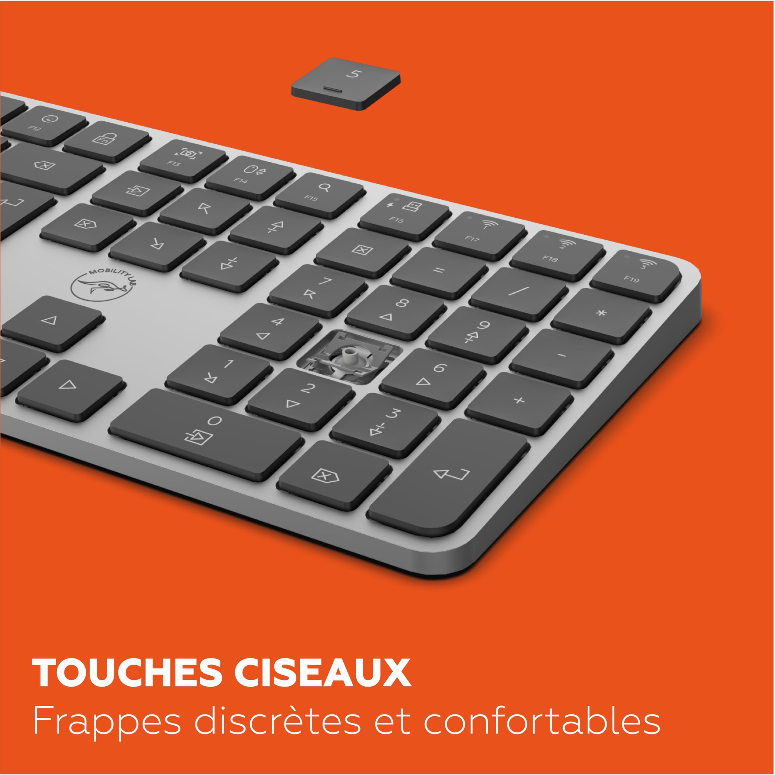 Mobility Lab - KP430W - Teclado inalámbrico multiconexión, AZERTY, Receptor 2.4 GHz USB + 3 x Bluetooth, 15 accesos directos Multimedia, Carga rápida vía USB-C - Windows
