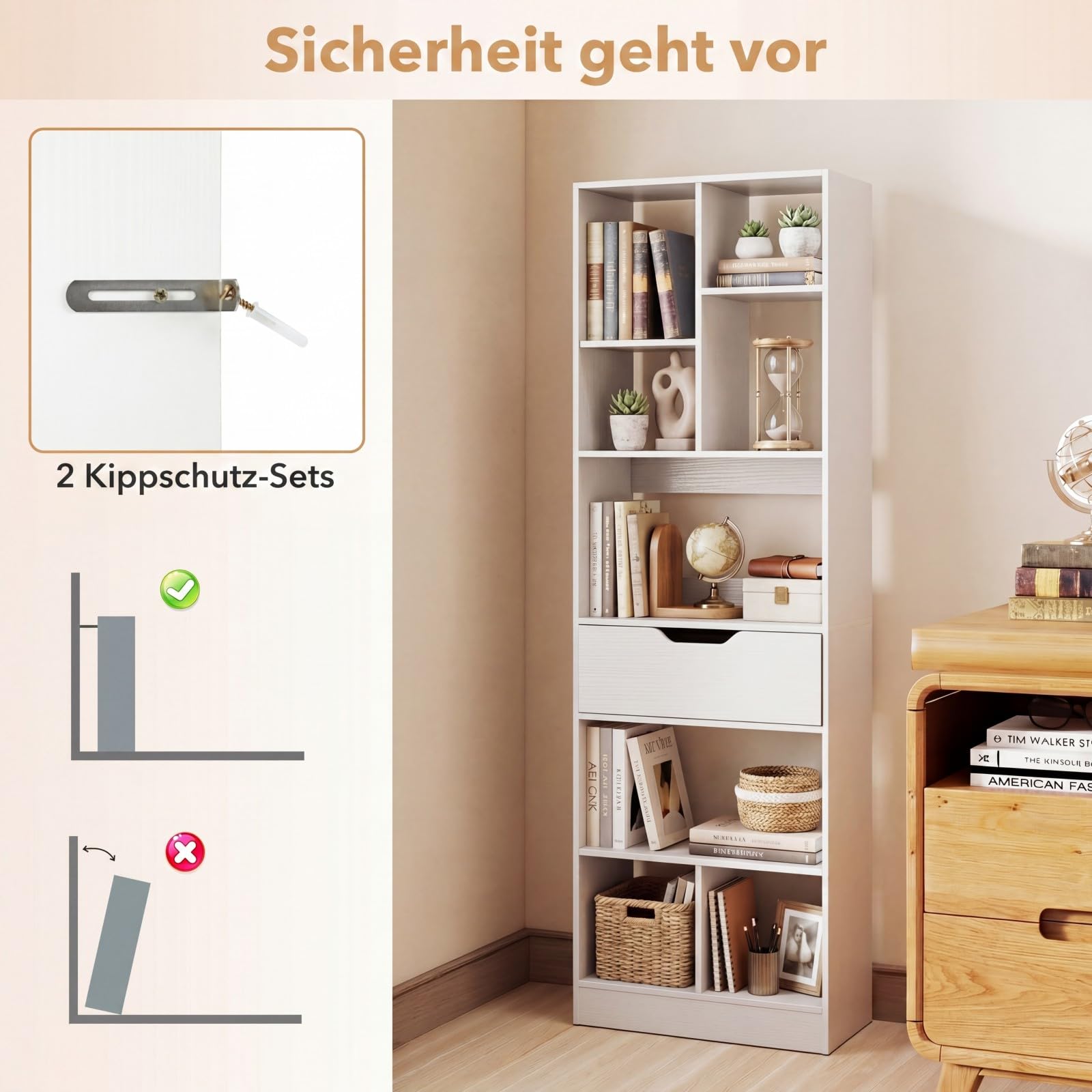 COSTWAY Bücherregal mit 7/8 Fächern & Schublade (50 x 24 x 155 cm,Weiß)