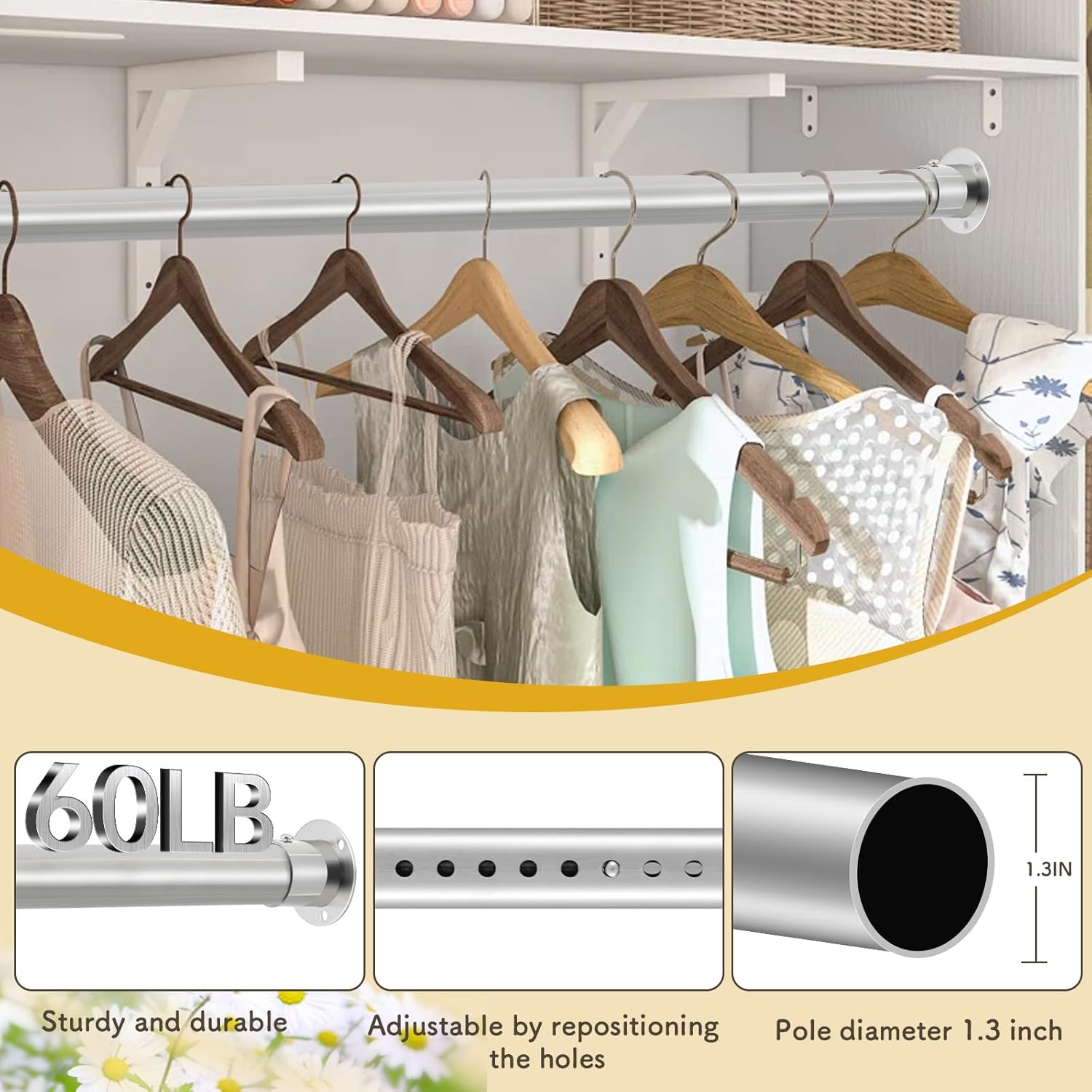 Condition photo showing New/Like New for closet rod, 17 to 75 inch adjustable closet rod for rugged durability, 1.3 inch heavy duty closet rods for hanging clothes, splicing adjustment, premium metal silver closet poles for wardrobes 17-75'' silver