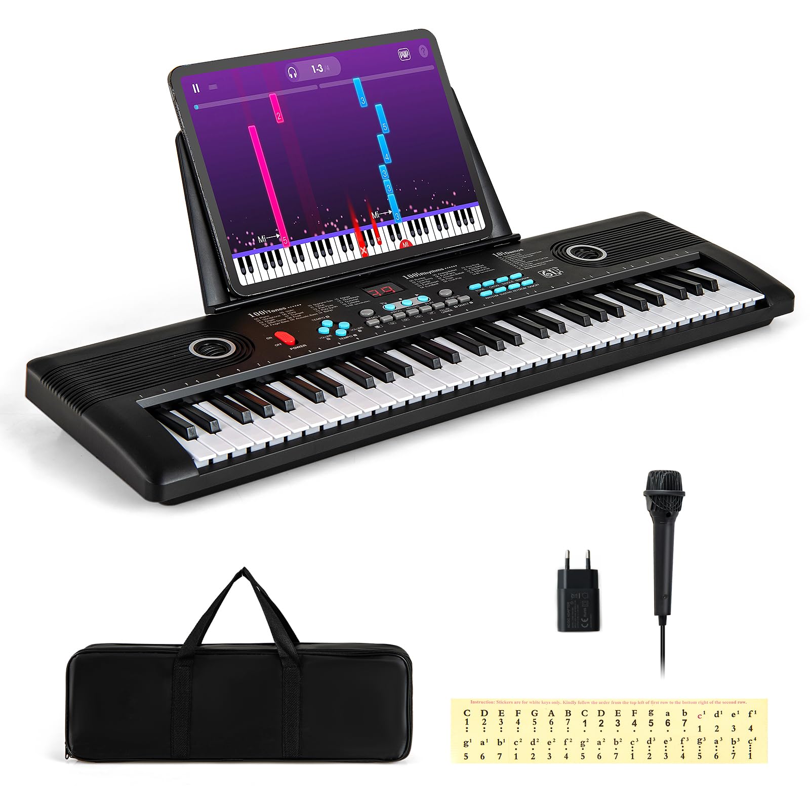 COSTWAY Pianoforte Digitale a 61 Tasti, Pianoforte Elettronica con Supporto, Microfono, Pianoforte Portatile con Adesivi per Tasti e Borsa da Trasporto, per Bambini e Adulti (Nero)