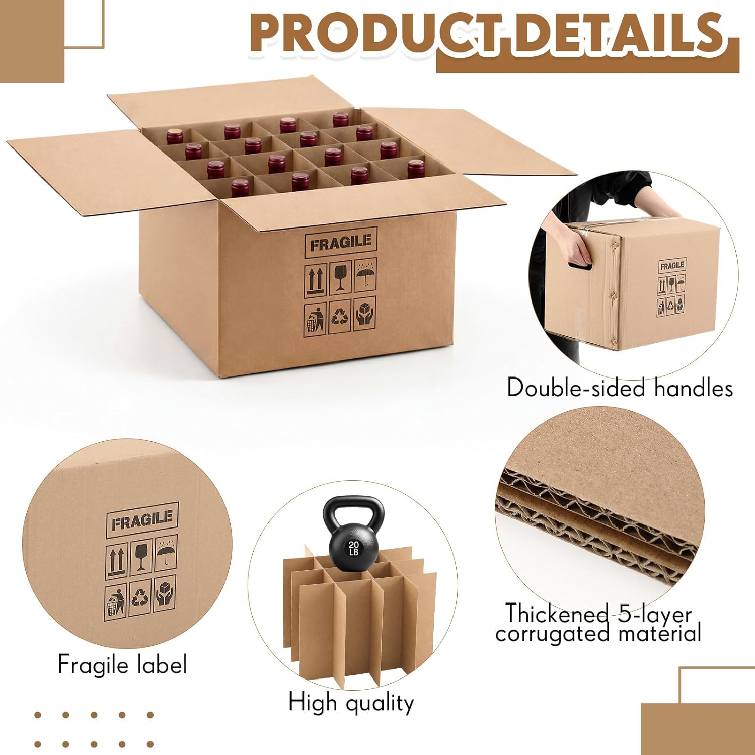 Tatuo 5 Sets Wine Boxes for Moving Kits 16 x 16 x 12 Inch Corrugated 16 Bottle Cardboard Glass Dividers with Handle for Kitchen Shipping Wine Glassware Kitchen Dish Packing Moving (Box Included)