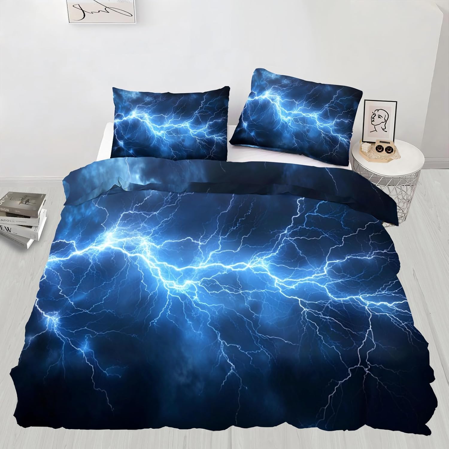 Blue Lightning Duvet Cover, Night Sky Bedding Set Cover for Kids Boys Girls Teens, Science Fiction Duvet Cover with Zipper Closure and 2 Pillow Shams, Cal King Size 104" x 98"