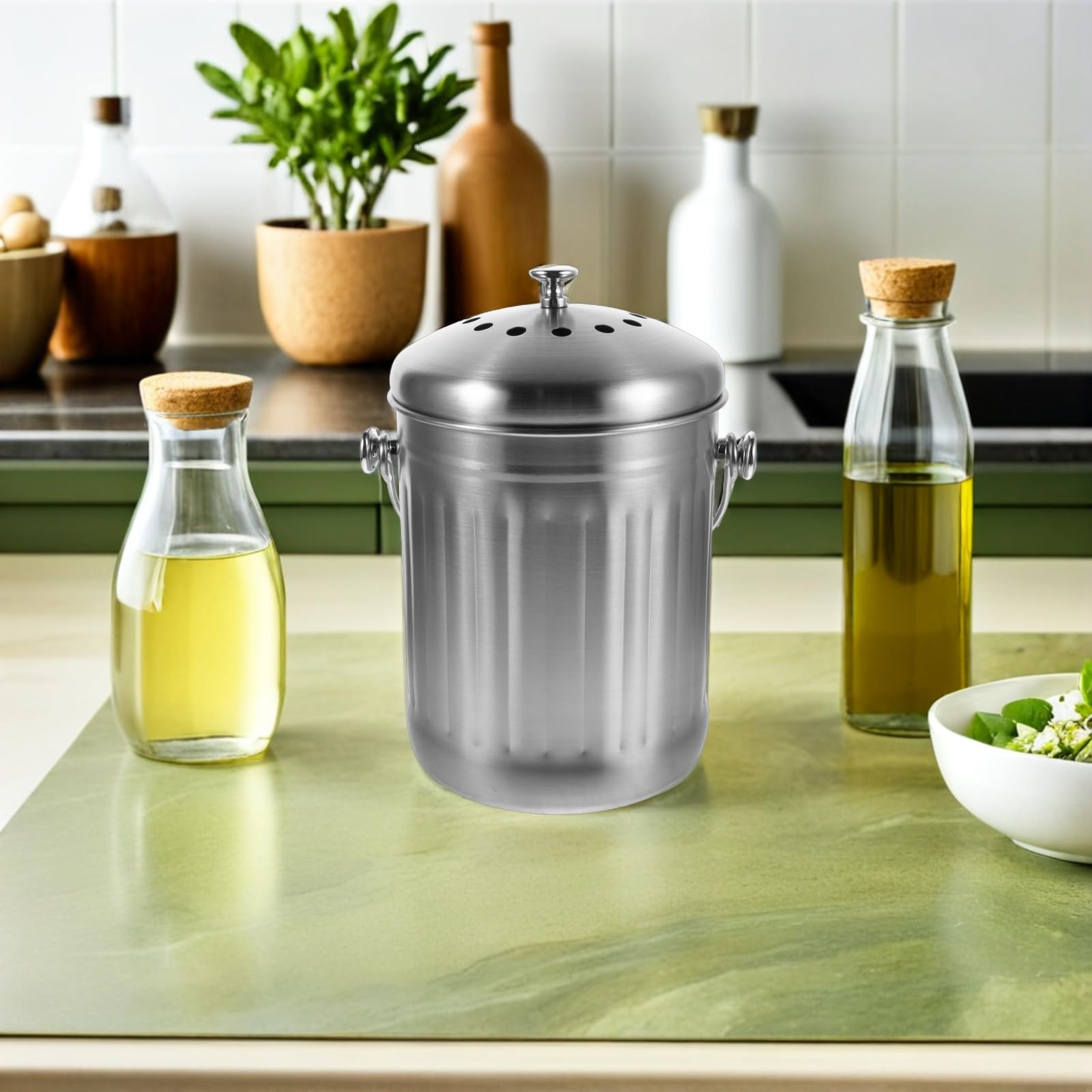 Toyvian Edelstahl Komposteimer 5 Liter mit Deckel und Aktivkohlefilter Geruchsdichter Küchenkompostbehälter für Bioabfälle Kompakt für Küchenarbeitsplatte