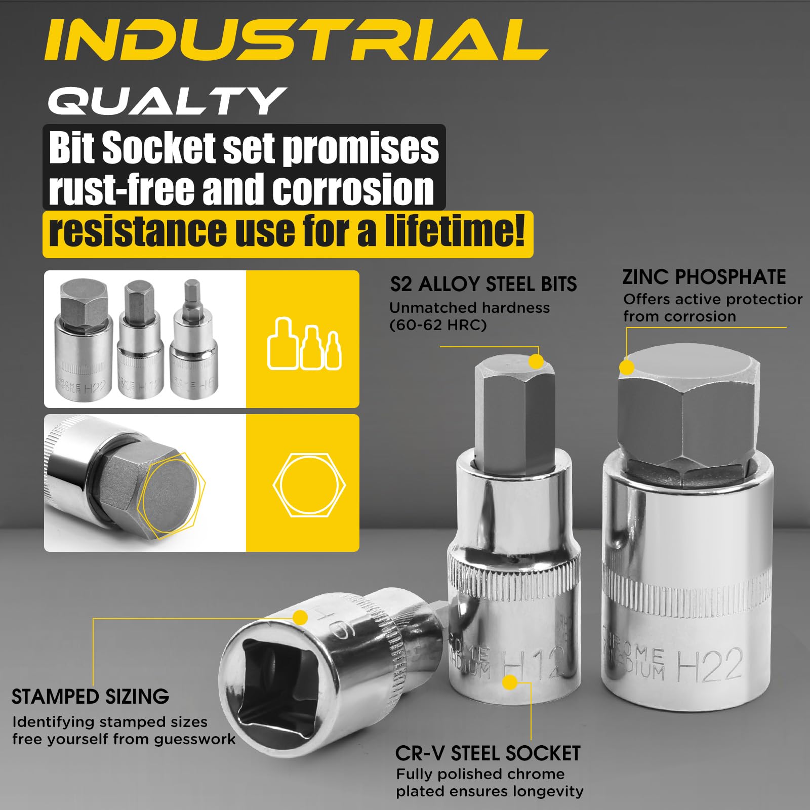 12 Pezzi Set di bussole per chiavi a brugola, 1/2" Set di bussole a bussola esagonali, Chiavi a Bussola 5,6,7,8,10,12,14,16,17,18,19,22 mm