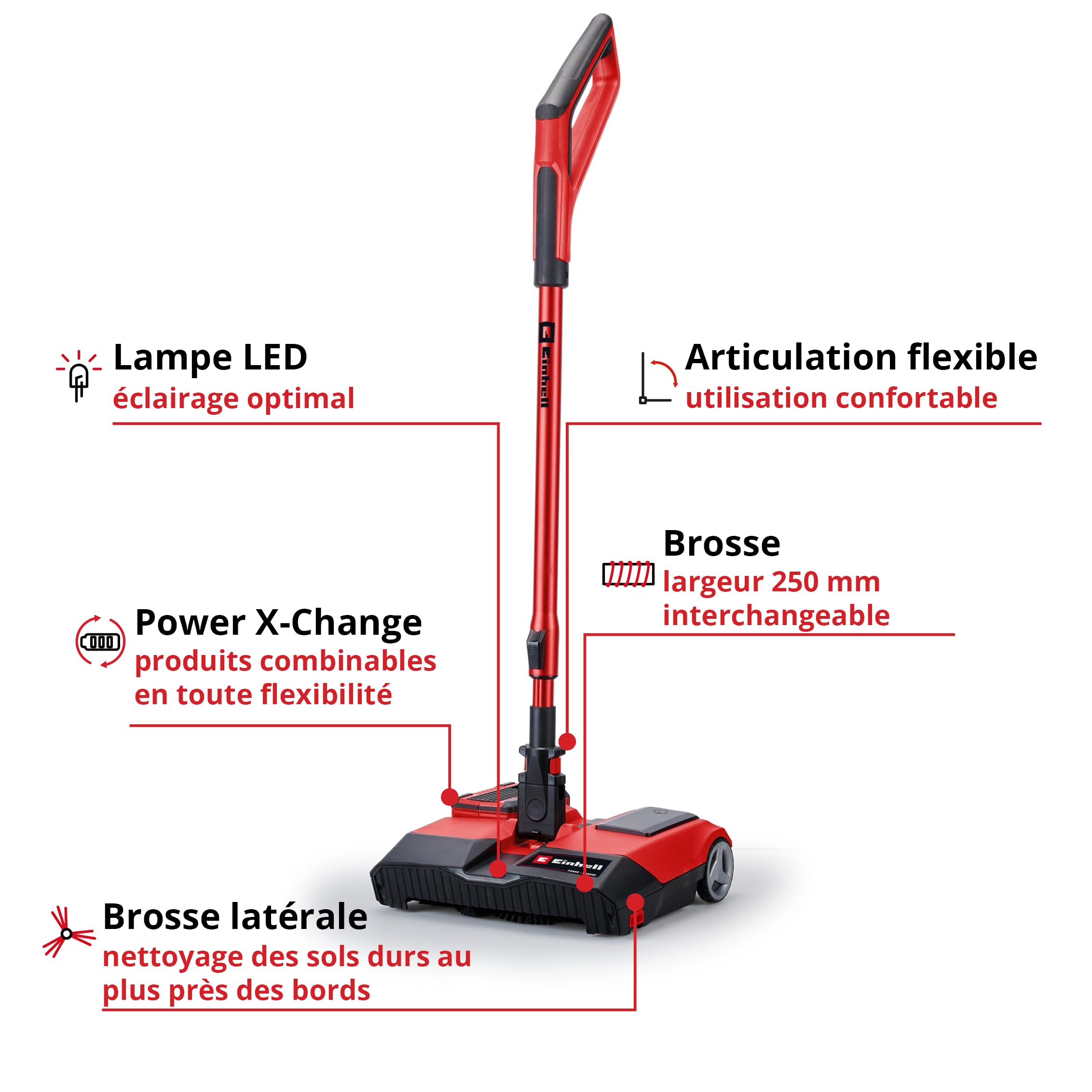 Einhell Balai sans fil TE-FS 18 Li-Solo Power X-Change (18 V, brosse cylindrique de largeur 250 mm, languette de nettoyage, manche télescopique, sans sac, lampe LED, avec accessoires, sans batterie)