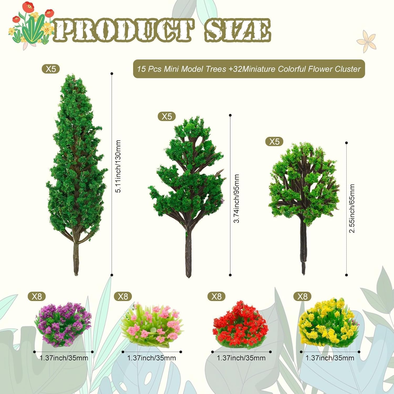 Warmtree 47 Pcs Model Trees and Flowers - 32 Colorful Flower Clusters, 15 Mixed Trees for Miniature Fairy Garden, Train Landscape, Military Layout, and Dioramas