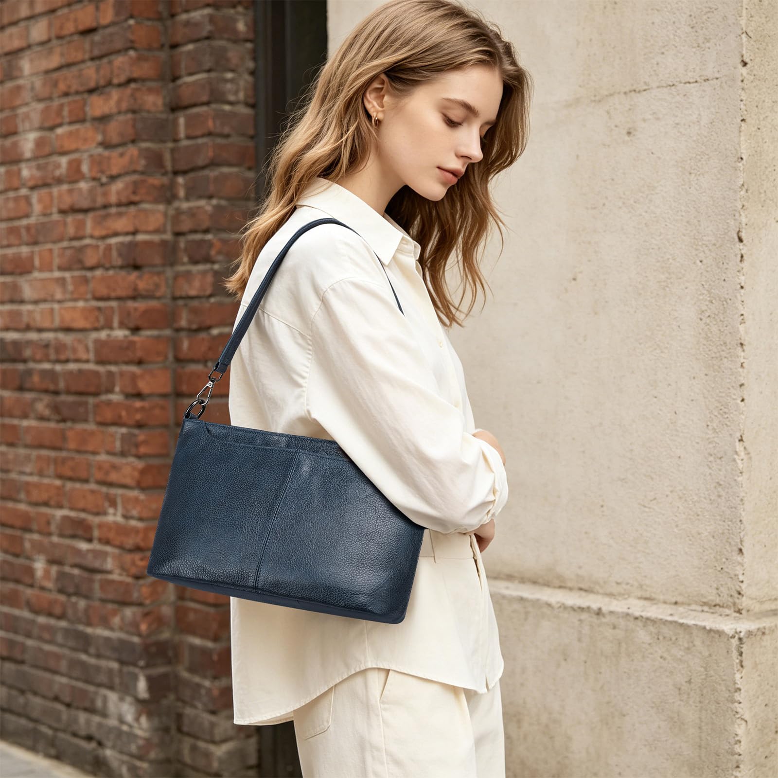 BAIGIO Bolso de Mano para Mujer Tamaño Medio de Piel Auténtica, Bolso Bandolera con Correa Ancha Ajustable y Extraíble, Regalo Bolsos Mujer Ideal para el Uso Diario, Viajes y Compras