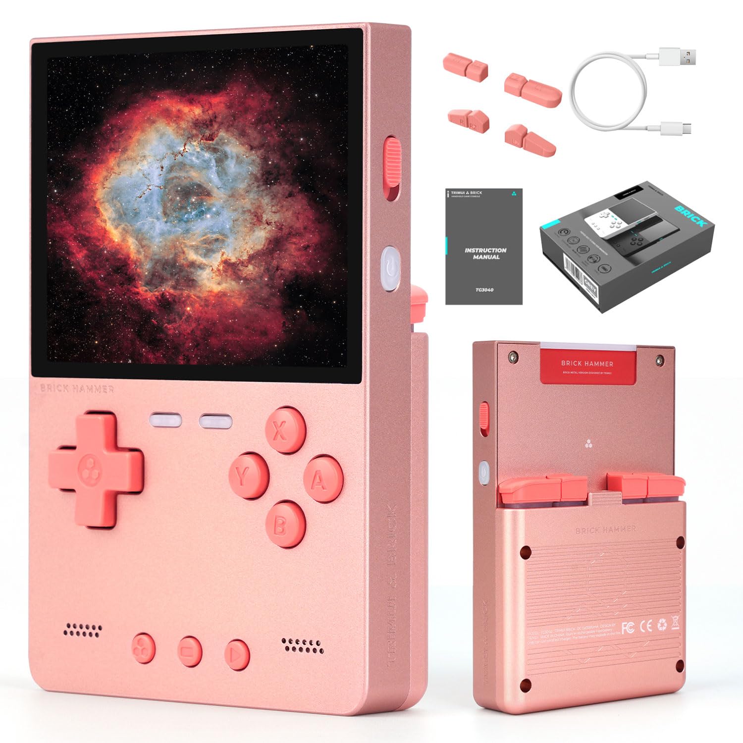 rose gold handheld game console with screen and battery