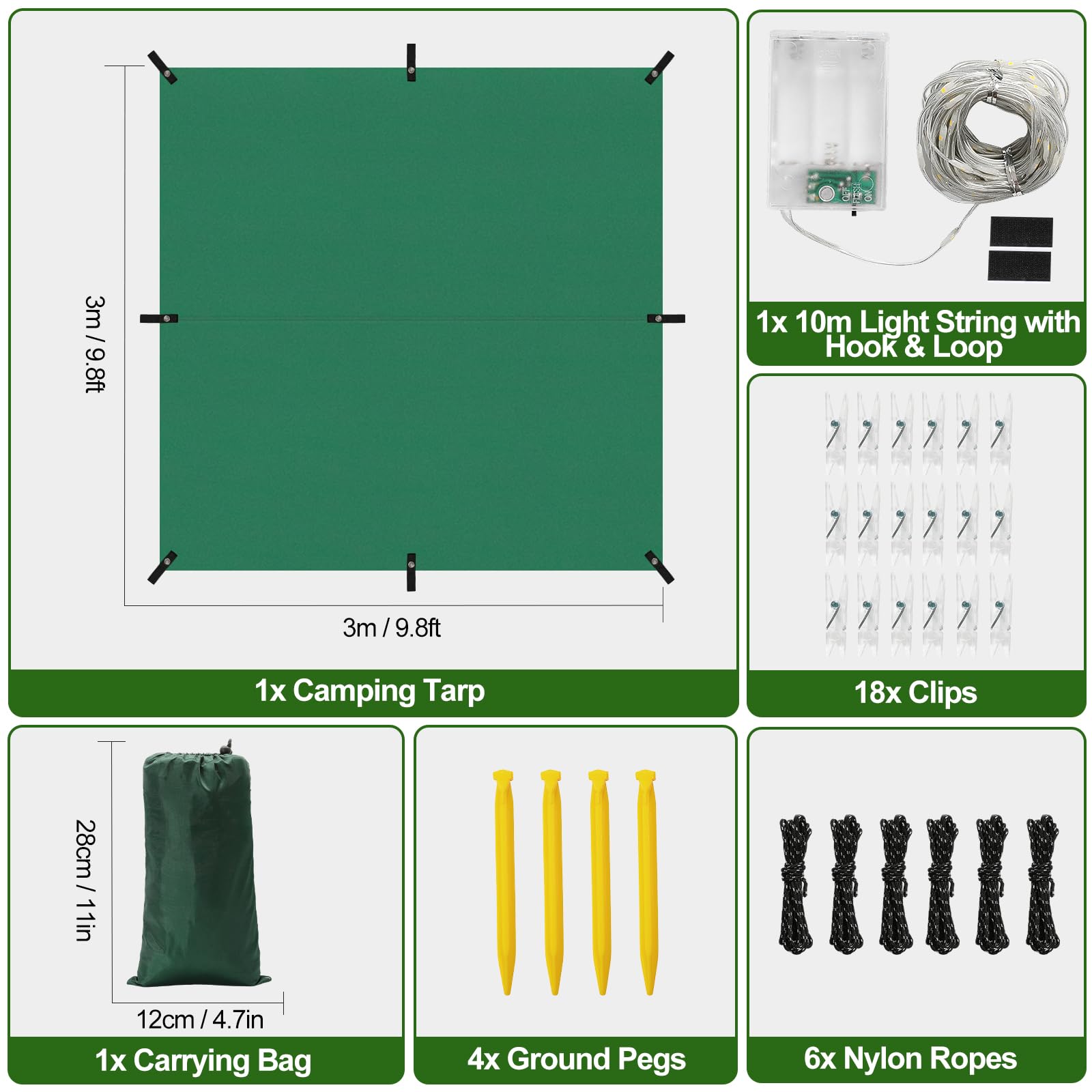 Rhino Valley Bâche de Camping Imperméable, 3x3M Grand Abri Extérieur avec Cordes Légères, Abri Léger Portatif Taud de Pluie Taud de Camping pour Randonnée Voyage Sac à Dos, Vert