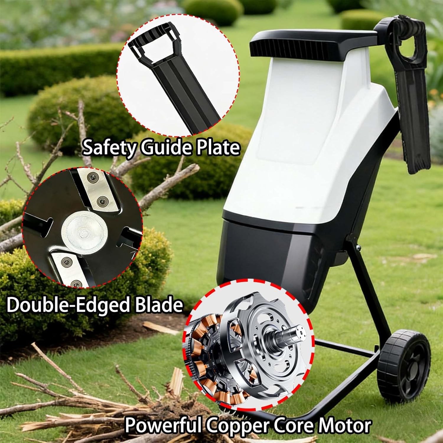 Electric Wood Chipper, Portable Garden Shredder with Wheels, Double Sided Blade System for Gardeners, Lawns, Outdoor Gardening, and Forestry Workers White