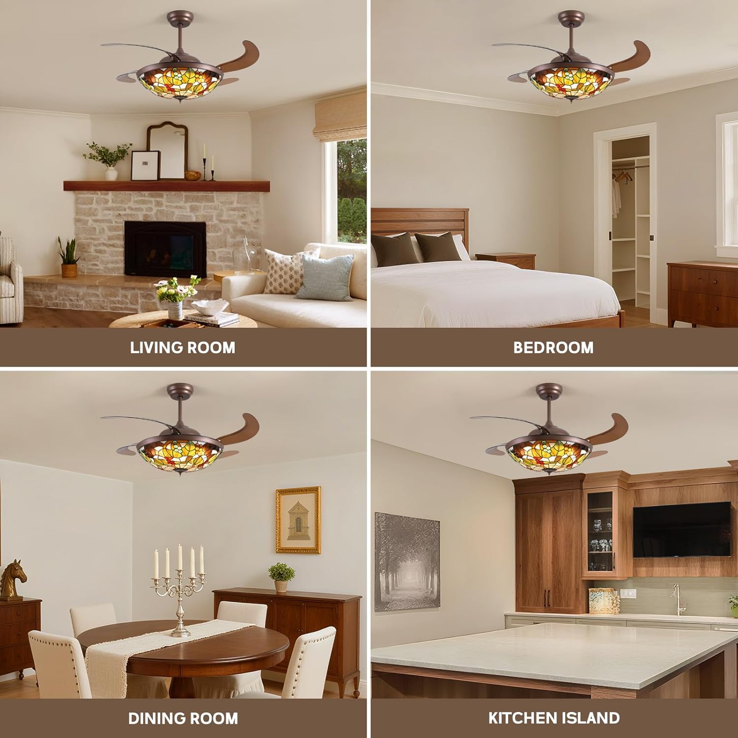 CROSSIO 52 inch Tiffany Ceiling Fan with Light Stained Glass Fandelier with Retractable Blades 52" Vintage Ceiling Fan Light Dimmable LED Fandelier for Bedroom and Living Room