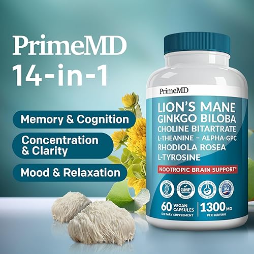 Miniatura 2 de Cápsulas de suplemento de melena de león 14 en 1, suplemento cerebral nootrópico con ginkgo biloba para apoyo cerebral, memoria y concentración -