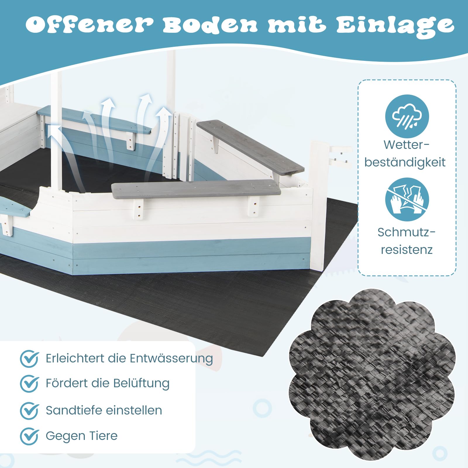 GOPLUS Sandkasten mit Abdeckung, Sandkasten Holz Schiffsförmig mit schrägem Dach, Einlage, Mehreren Sitzen und großem Stauraum, Sandbox Outdoor für Garten, Sandkiste für Kinder ab 3 Jahre