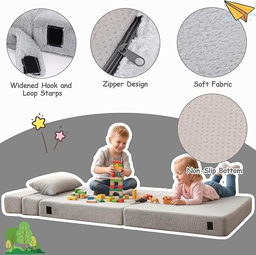 Miniatura 4 de Tiita Colchón de suelo para niños pequeños, sofá plegable para niños, futón convertible con bolsa de almacenamiento para niños, gris felpa