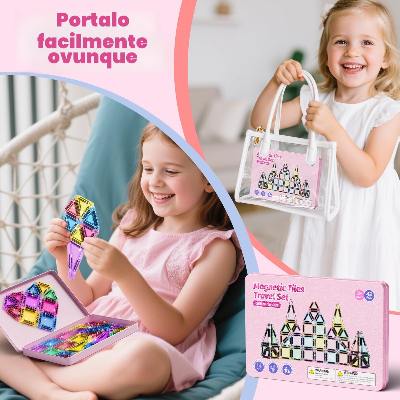 Set di 42 piastrelle magnetiche da viaggio con glitter da viaggio, per bambini, menta, piastrelle magnetiche con base in ferro, mattoncini da costruzione magnetici, giocattolo da viaggio, regalo per 3