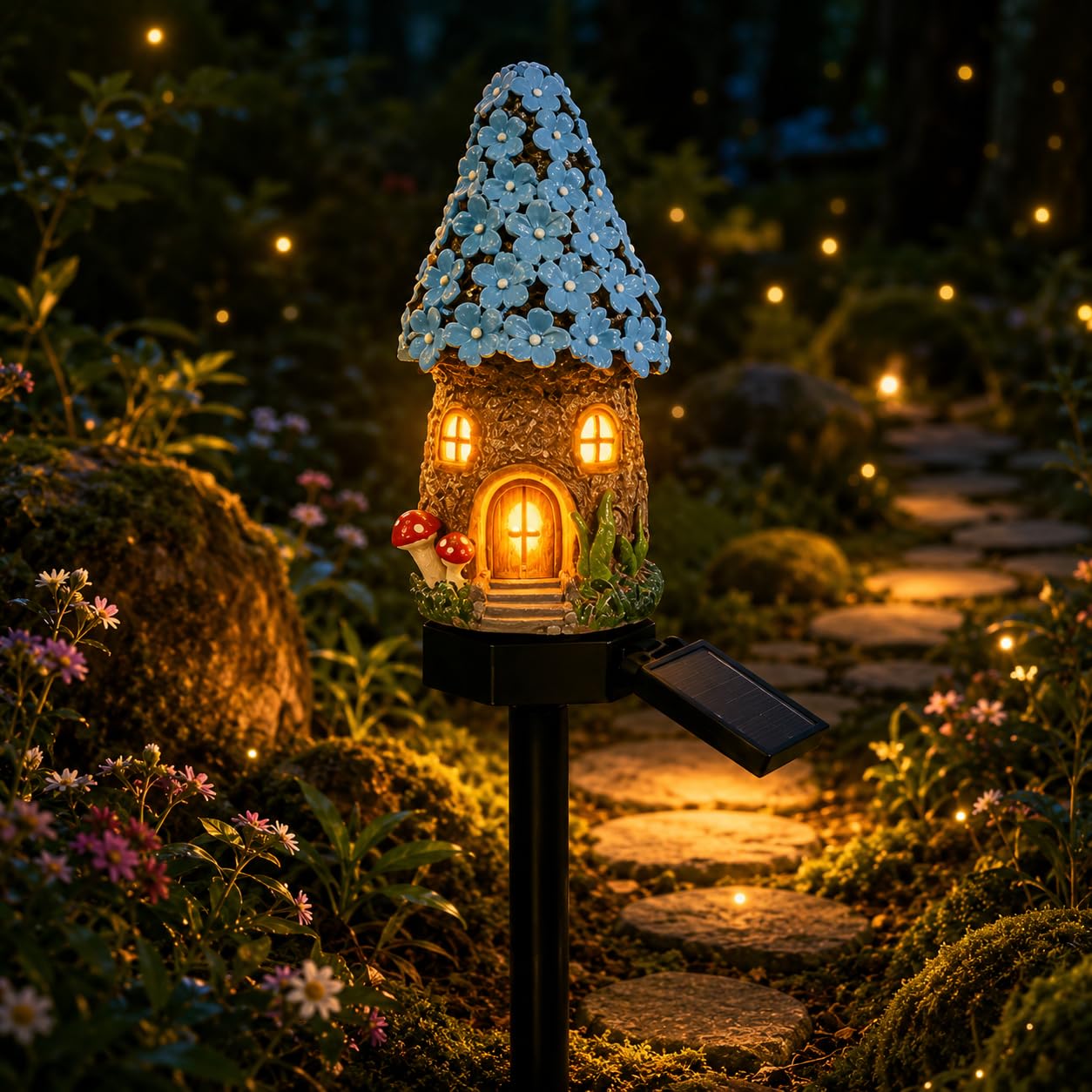 Solar Fairy-Tale Mushroom Cottage Garden Light,Waterproof LED Outdoor Mushroom House Statue Decor Lamp,Resin Cottage Garden Stake Lights,Auto On/Off Landscape Pathway Light for Yard Lawn Flower Bed