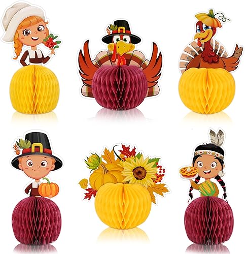 Konsait 6 centros de mesa de Acción de Gracias, decoración de papel de Acción de Gracias, pavo 3D, calabaza, panal, Acción de Gracias, cosecha de