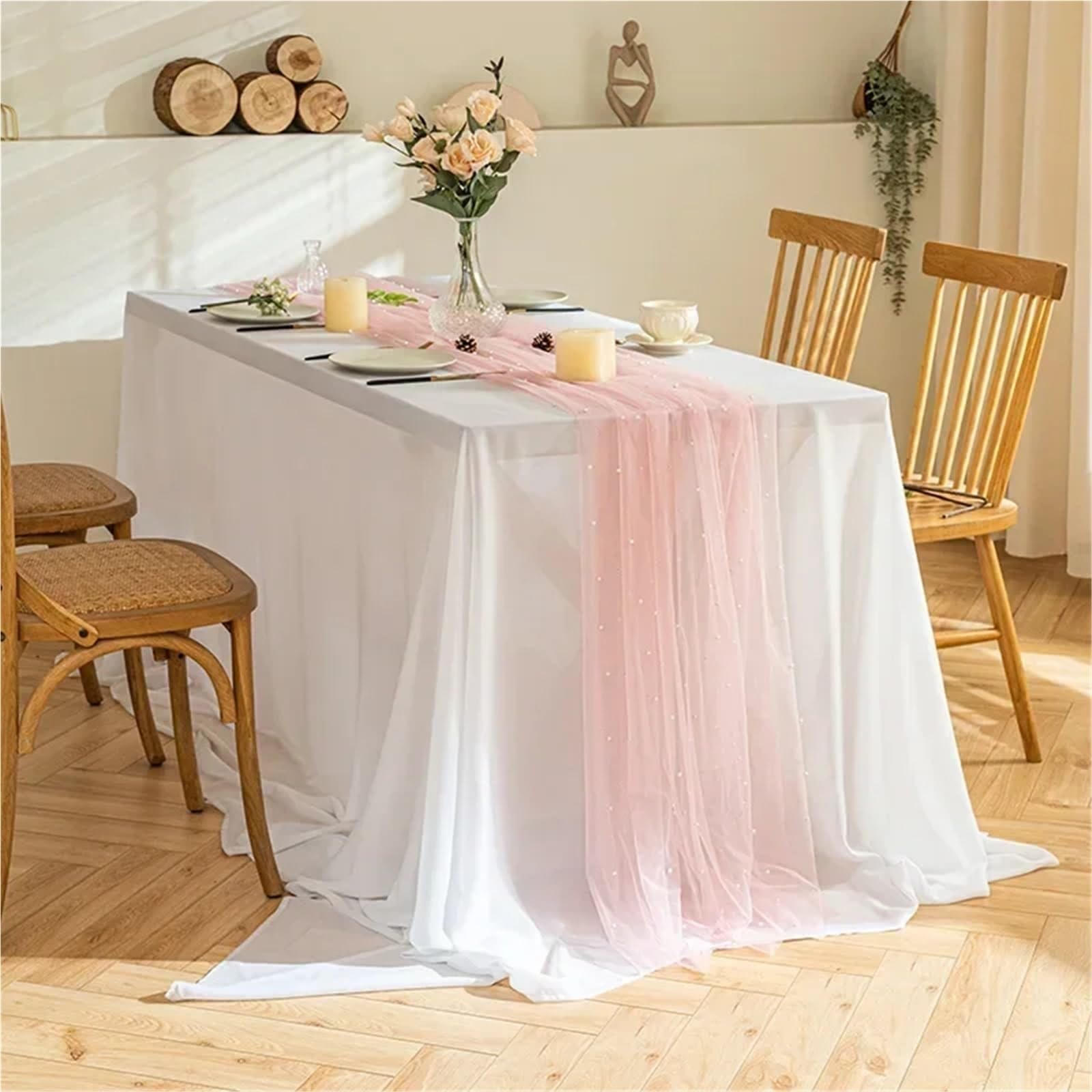 Chemin de Table à Fleurs, Lot de 2 nappes en Gaze Voile Rose Plusieurs Tailles(40X300CM)
