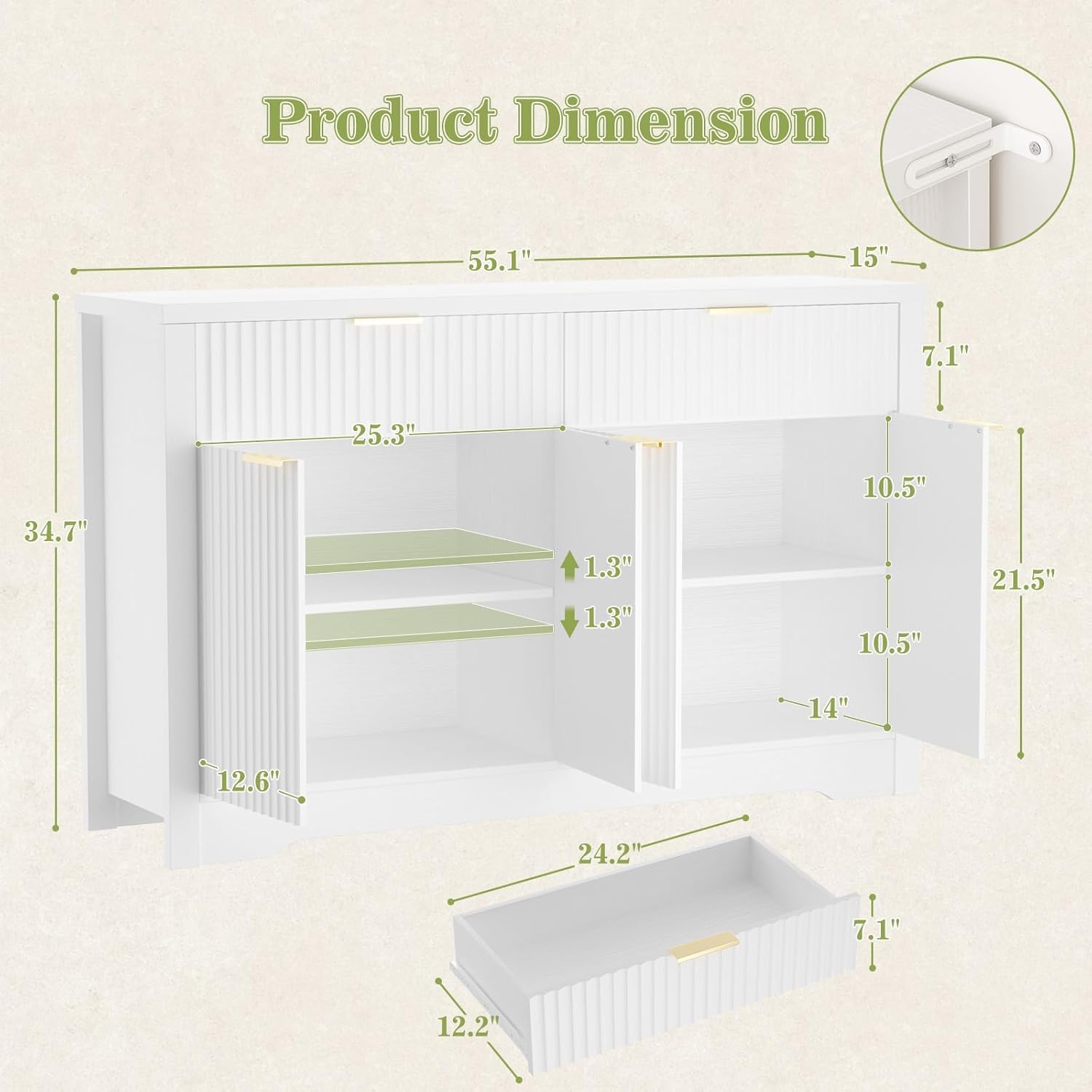 Cyclysio 55" Buffet Cabinet with Storage, Fluted Sideboard with Drawers, Modern Sideboard with Adjustable Shelves for Entryway, Kitchen, Living Room, Hallway, White