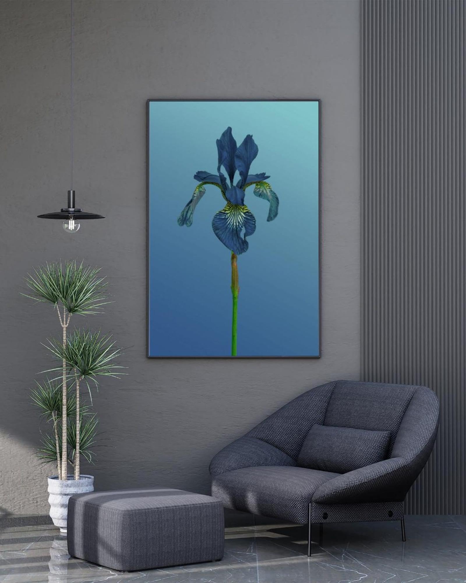 XINBAO Niebieska irys botaniczny do druku, minimalistyczna kwiatowa sztuka ścienna, nowoczesny portret kwiatowy na niebieskim obrazie, obrazy na płótnie 80 x 120 cm bez ramy