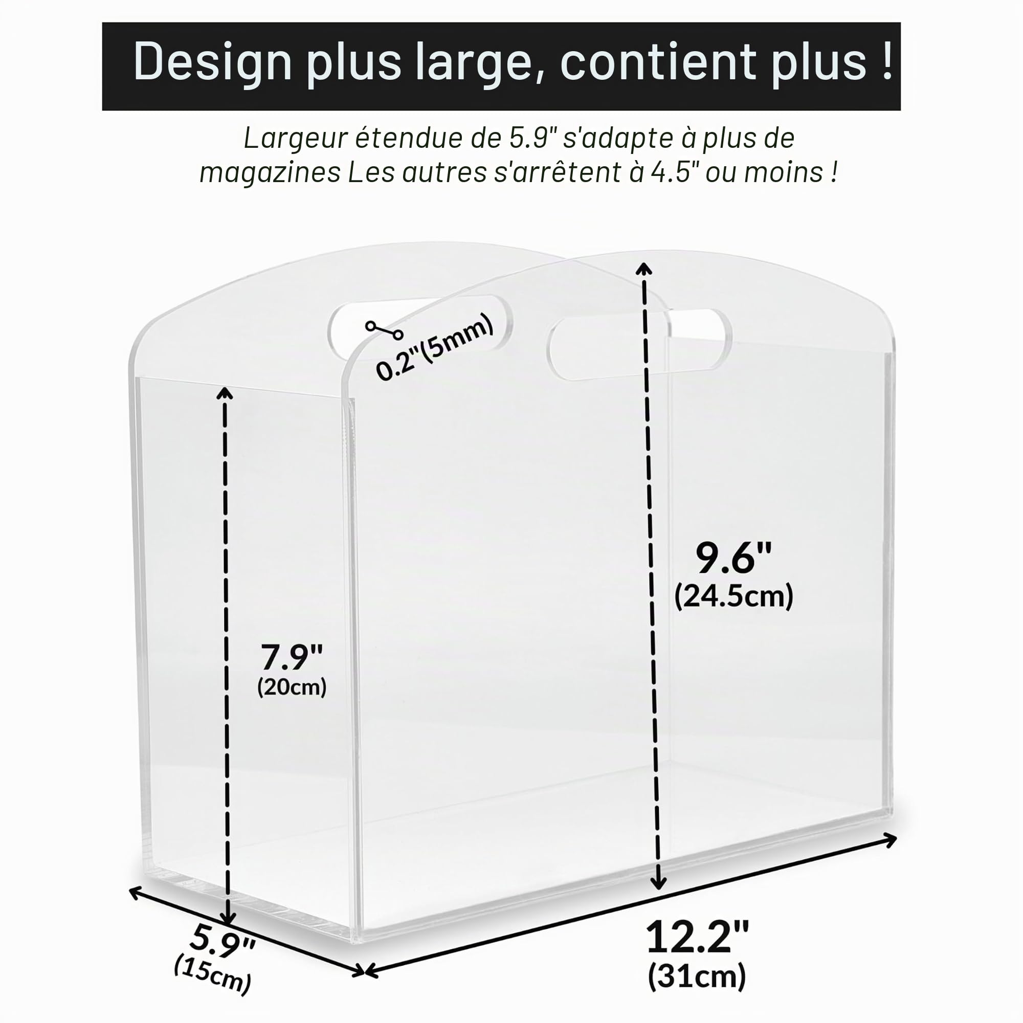 Porte-revues - Porte-revues en acrylique transparent, organiseur de journaux en acrylique avec poignées, panier à magazines en lucite moderne pour la salle de bain, la chambre