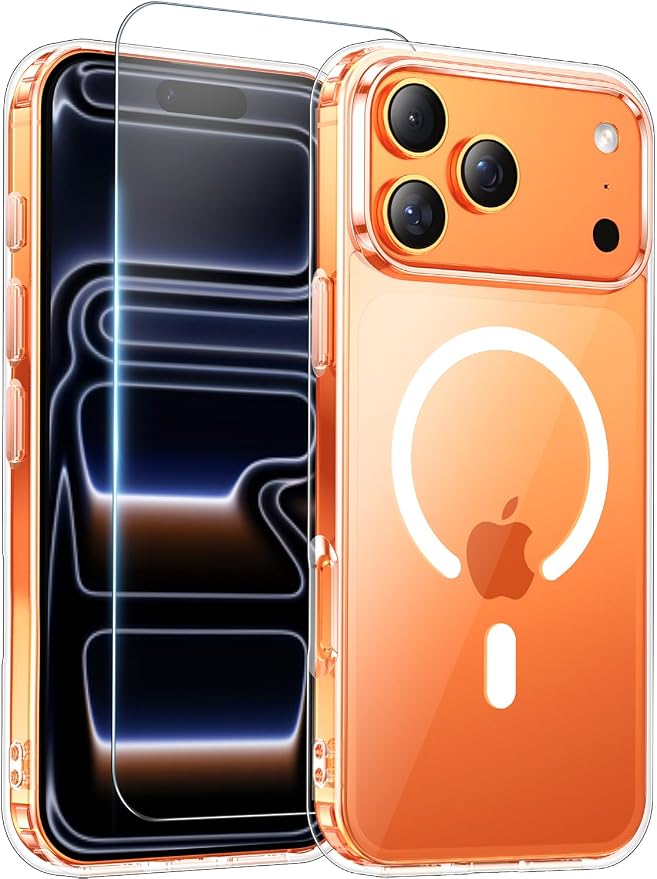 para iPhone 17 Pro Funda transparente con protector de pantalla, [compatible con Magsafe][antiamarillamiento][protección de grado militar] Funda protectora magnética delgada y a prueba de