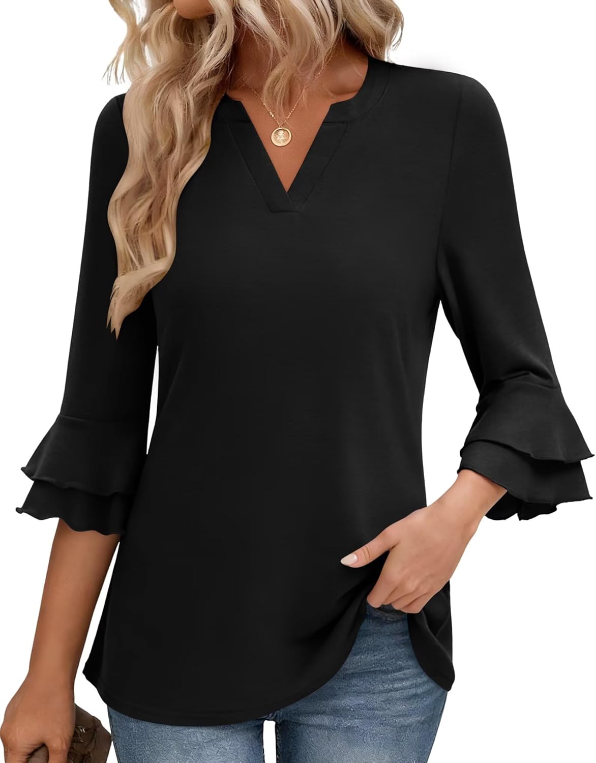 KKJ Womens Tops Summer Spring 3/4 Bell Sleeve Blouses 2026 Business Casual V Neck T Shirts Work Tunic Trendy Dressy Clothing