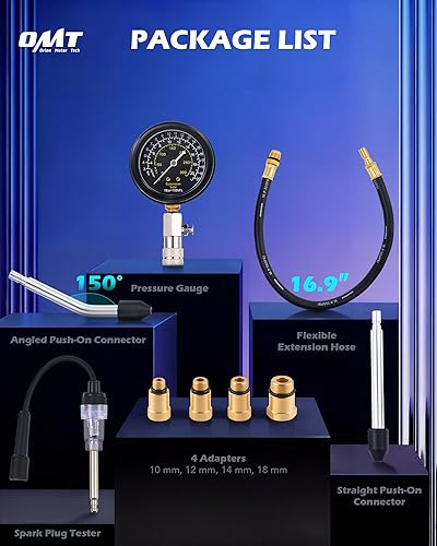Miniatura 8 de Orion Motor Tech Kit de probador de compresión de motor, kit de probador de compresión de cilindro de 9 piezas con probador de bujías 4 adaptadores,