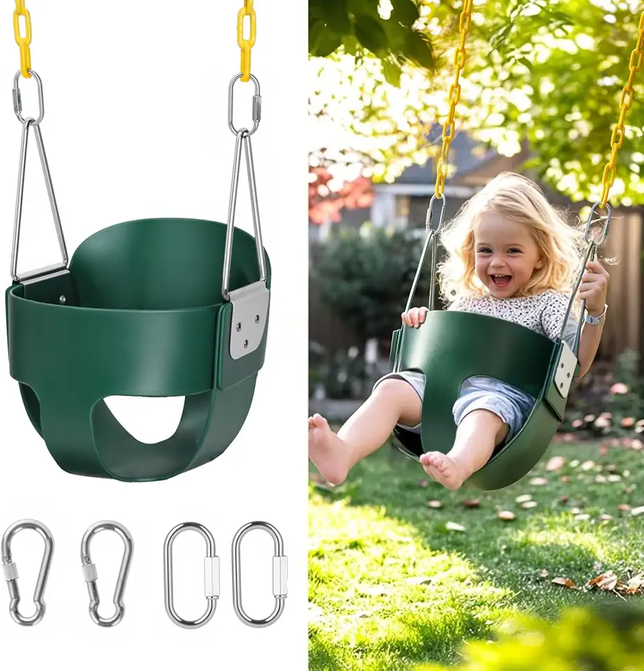 High Back Full Bucket, Toddler Swing with Coated Chains &amp; Triangle Dip Pinch Protection for Safety, Baby Swing Outdoor with Locking Buckles, Toddler Bucket Swing for Backyard, Playground, Green