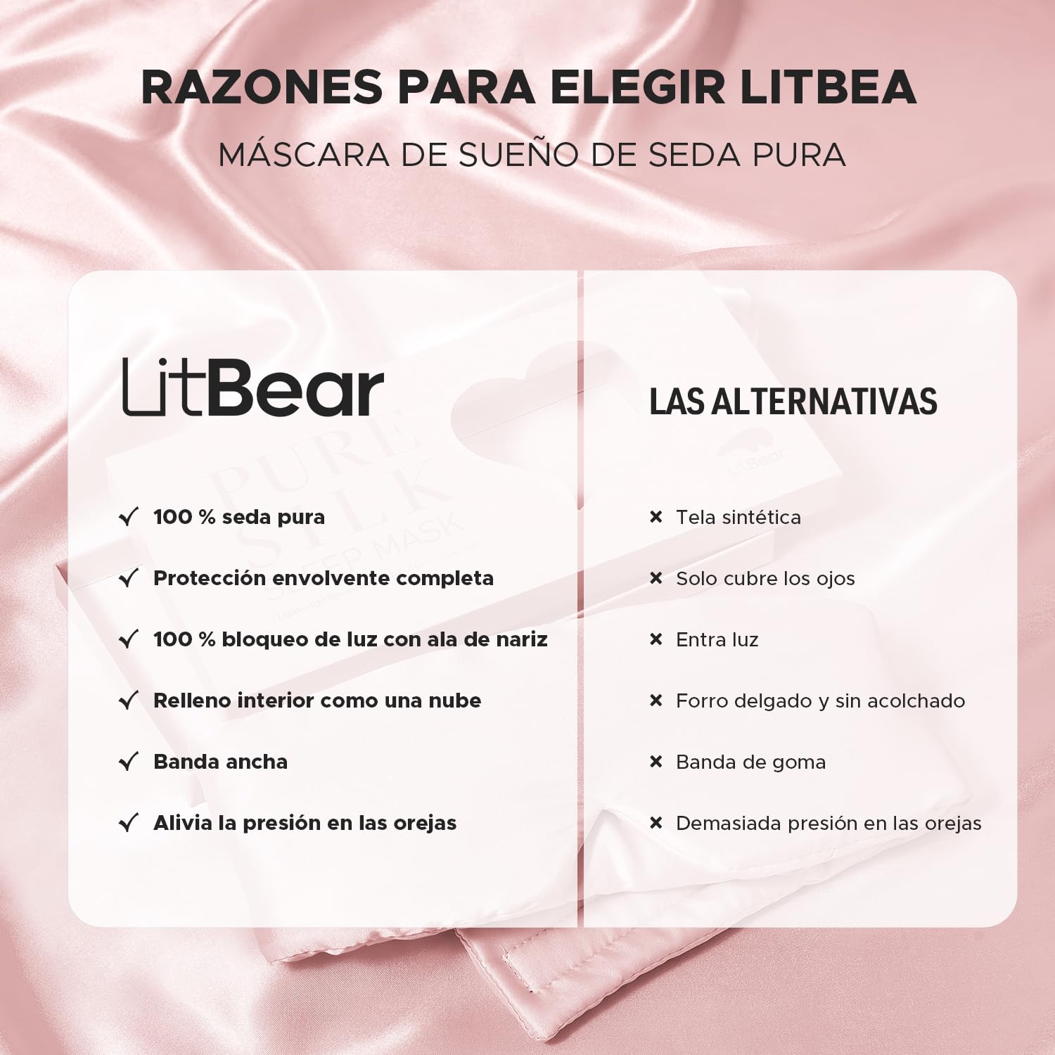 LitBear Antifaz para dormir de seda, antifaz para dormir para mujeres y hombres, 100% seda de morera pura, 22 mommes, cara abrazando la cara acolchada de seda protección ocular para dormir con cinta