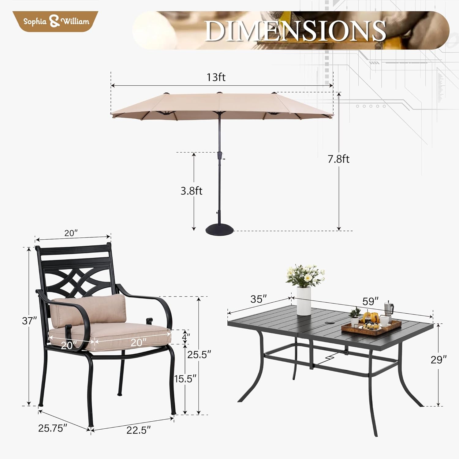 Sophia and William Patio Dining Set for 6, 13ft Patio Umbrella Beige, Removable Seat Cushions, Black 59" Patio Dining Table