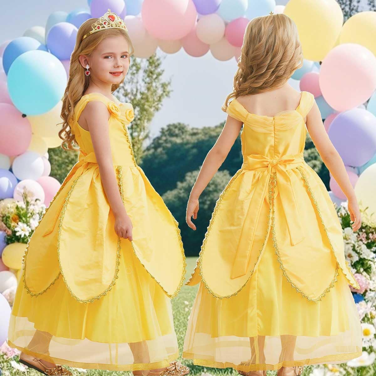 Princess Belle Dress up Costume for Girls Yellow Dresses Halloween Cosplay Birthday Outfit with Accessories - Image 4
