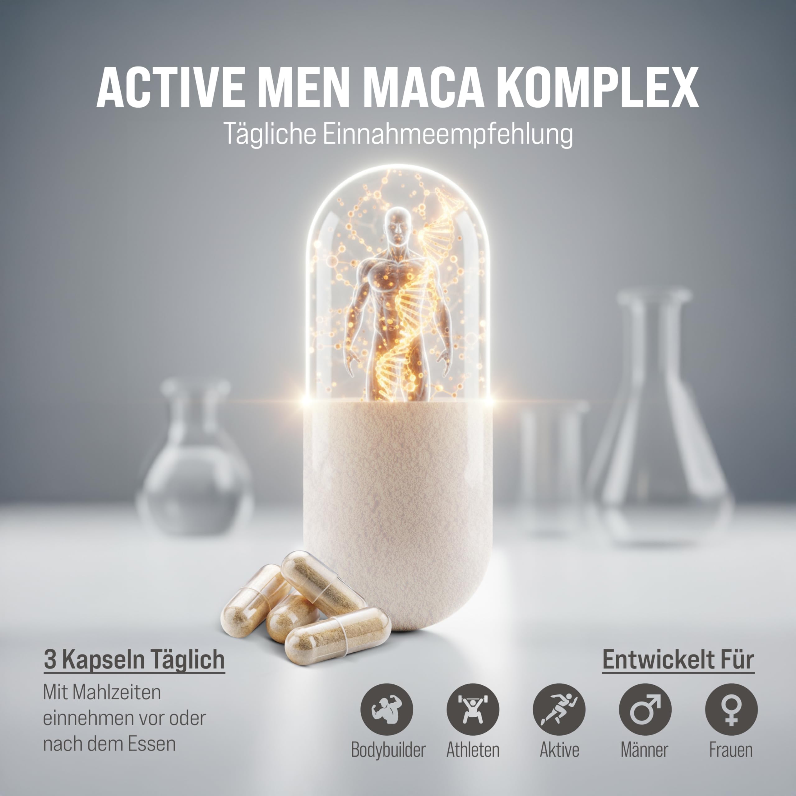Active Men Maca Komplex für Männer TESTOSTERONSPIEGELS¹ Kapseln mit Ashwagandha, Tribulus, Ginseng, Zink, L-Arginin, Vitamin D & E, 8 Aktive Inhaltsstoffe, 120 Vegan Kapseln