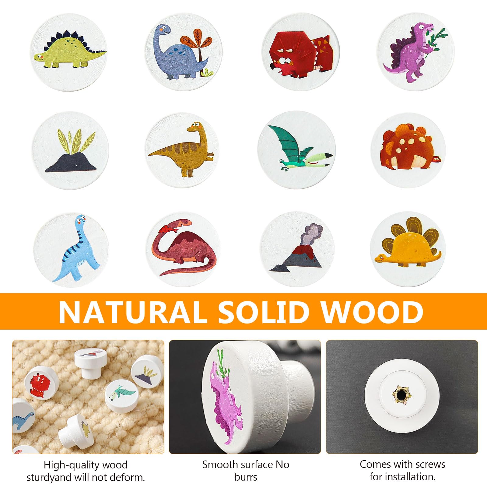 12 Pièces Bouton Tiroir de Meuble Bois, Rond, Motifs Dinosaures, Blanc pour Placards, 30 mm avec Vis, Chambre D'enfant (1)