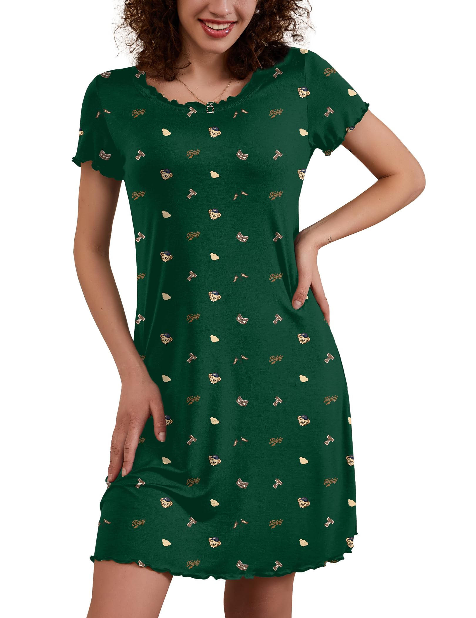 Ekouaer Damen Nachthemd Kurzarm Sommer Nachtwäsche Nachthemden Nachtkleid T-Shirt Sleepwear Schlafhemd Mit Rüschen