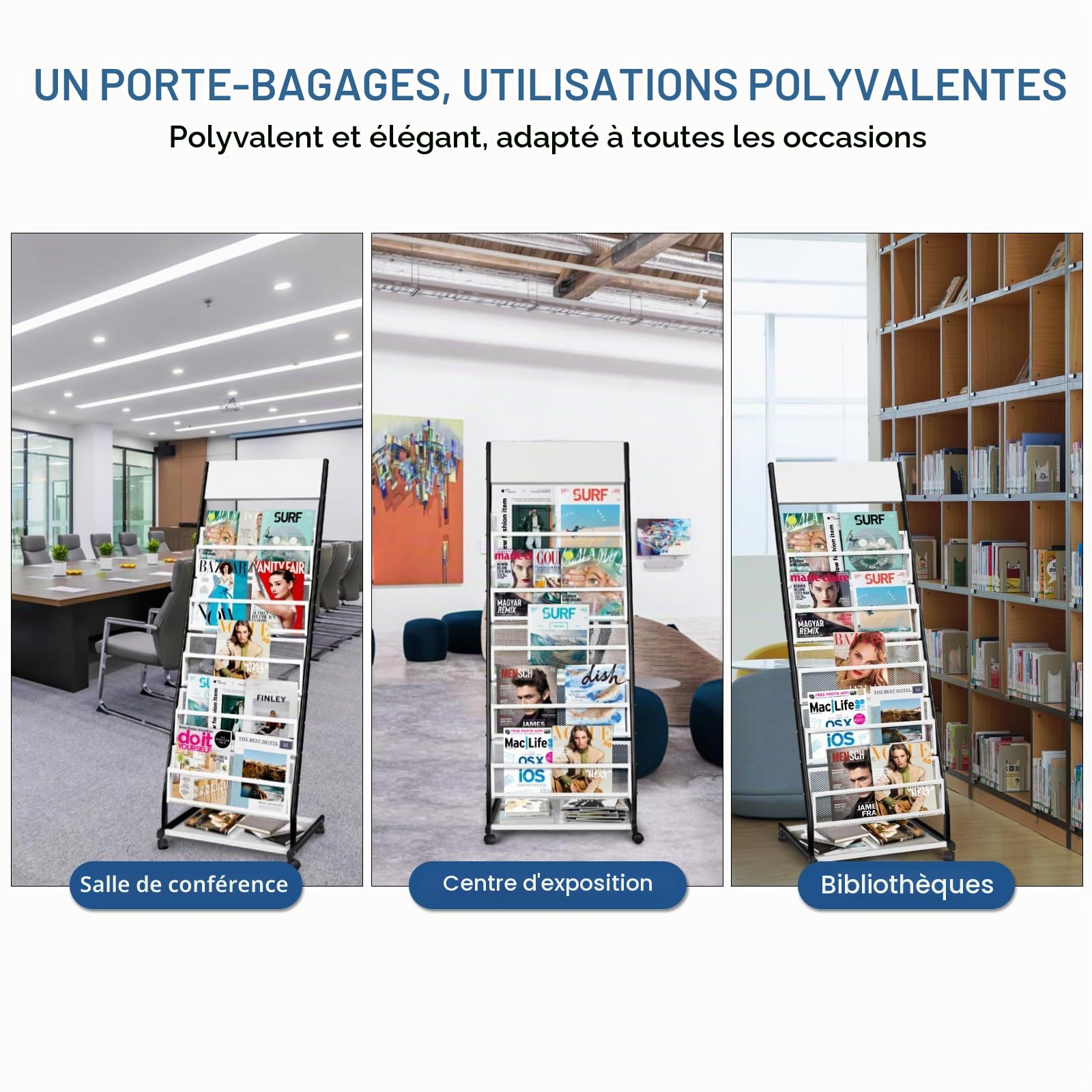 SUNDOY porte revues sur roulettes – revues sur pied et porte-catalogue – roulettes pour bureau, foires et maison (5 couches, 47,5 cm de large)