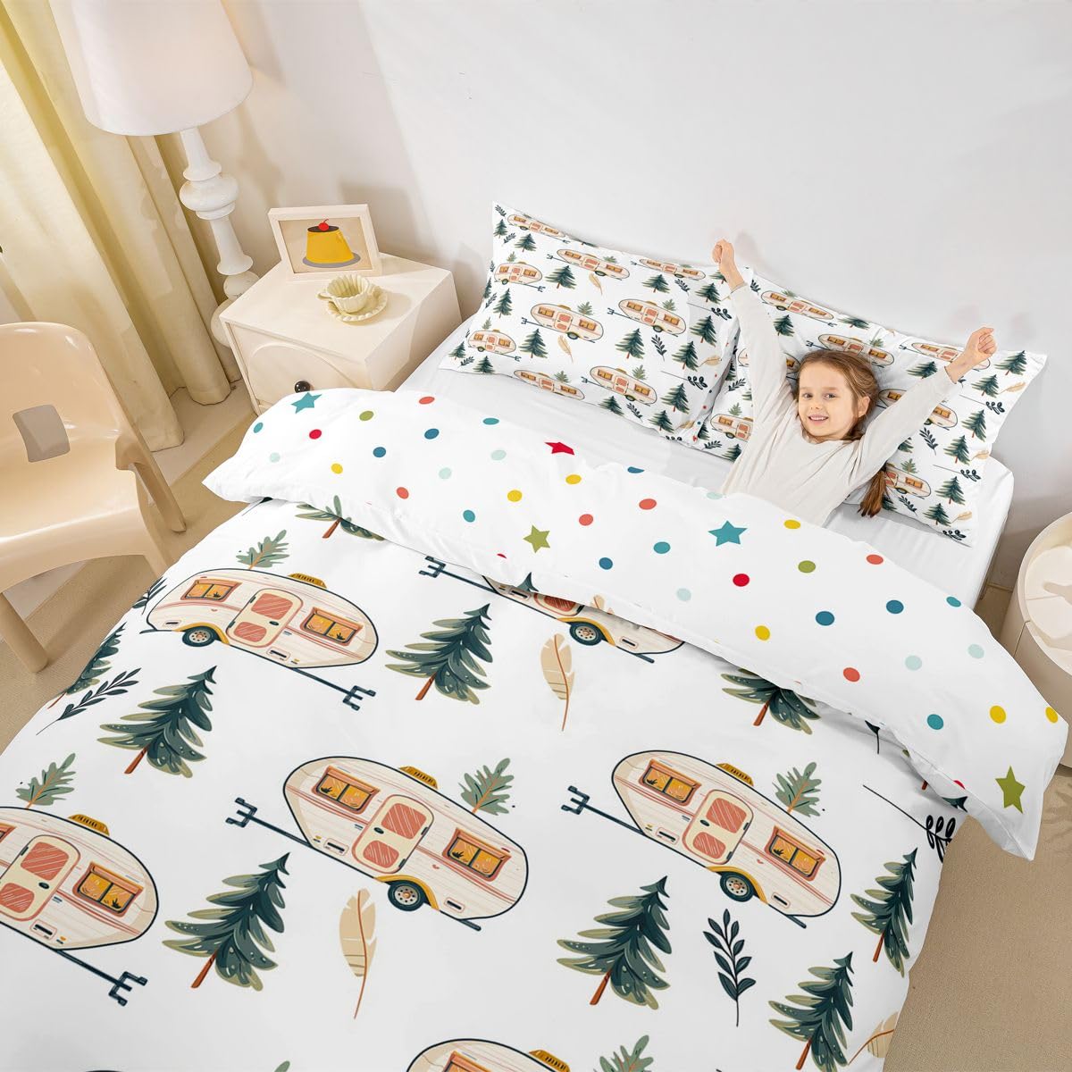 Loussiesd Zestaw pościeli kempingowej do samochodu, super king size, motyw kampera, zestaw pościeli dla chłopców, dziewcząt, szczęśliwy kemping, poszewka na kołdrę, przyczepy podróżne, dekoracja