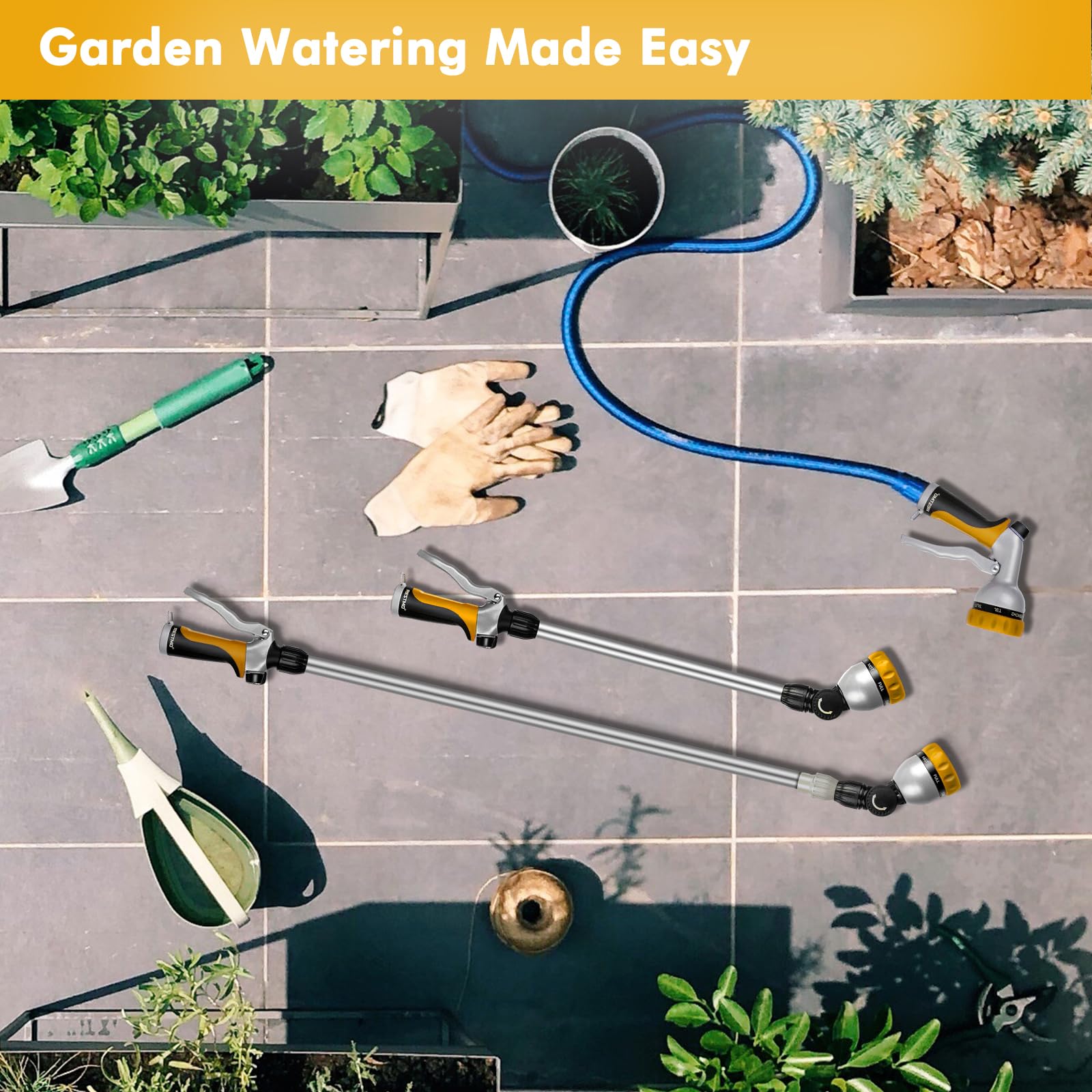 Lance D’Arrosage Métal 42 Cm RESTMO – Tête Cliquet 180° + 7 Modes – Pistolet Arrosoir Paniers Suspendus, Plantes, Jardin Jaune