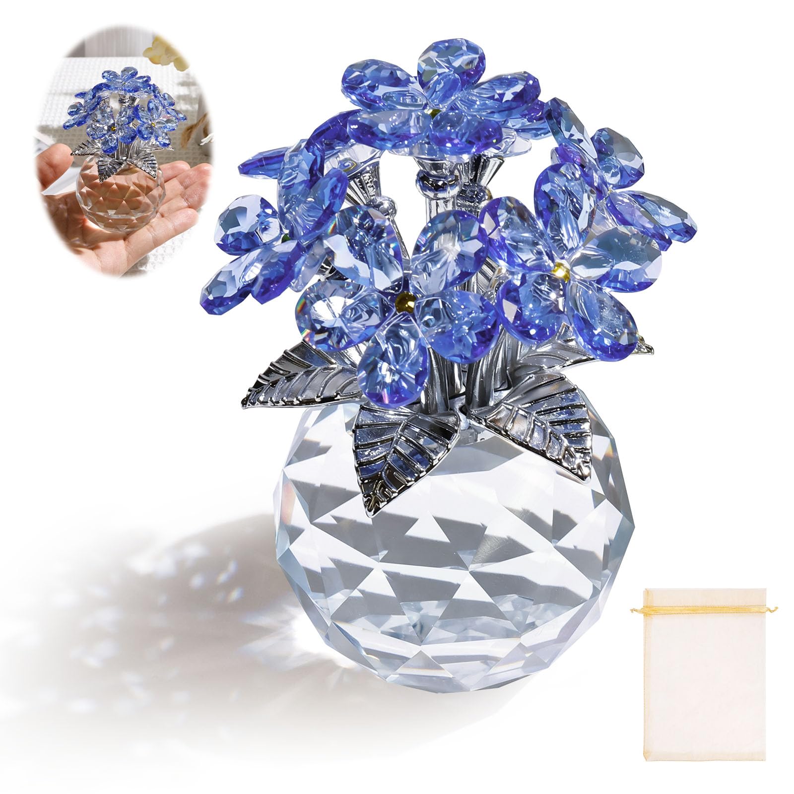 VAVPUP Crystal Blue Forget-Me-Not Bouquet Figurines,Handmade Crystal Figurine Flower Bouquet Gifts for Her,Romantic Decorations for Living Room and Special Occasions(blue)