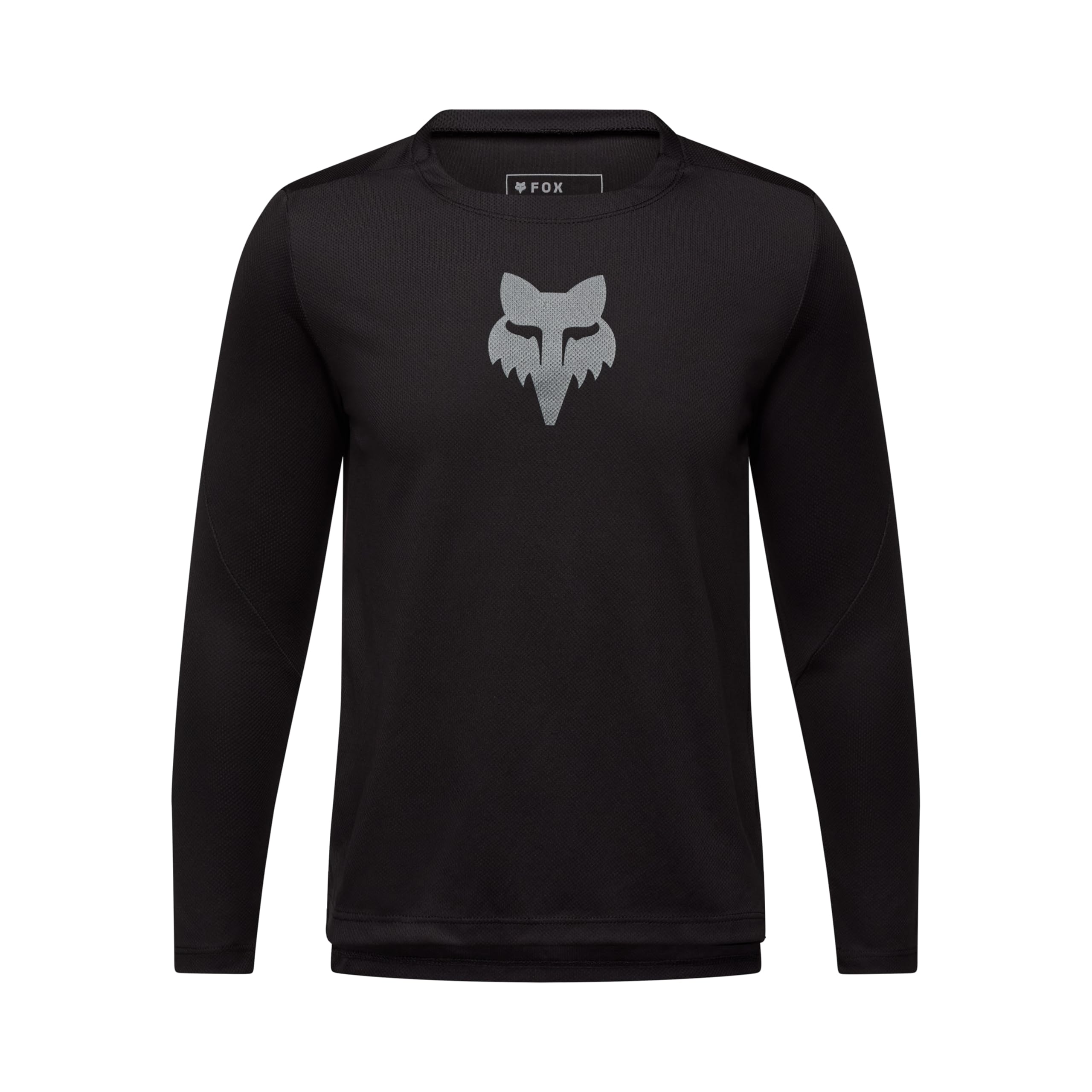 Fox Racing YTH Ranger Ls Jersey Fox Head - Youth Long Sleeve MTB Jersey, Recycled Materials, Sweat-Wicking Mesh, Drop Tail for Coverage, Black, Size: YXL