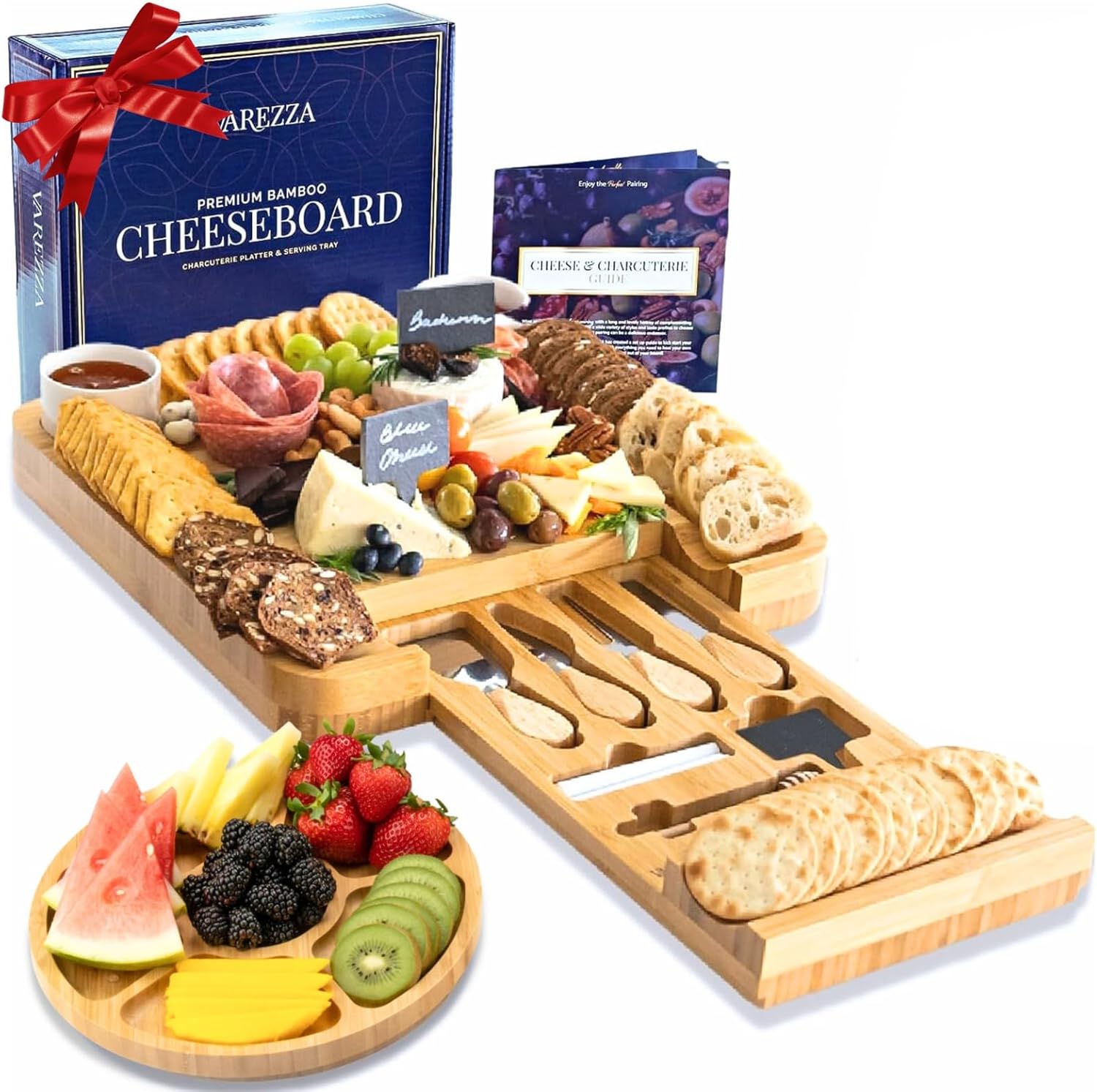 VAREZZA Large Charcuterie Boards Gift Set: Bamboo Cheese Board and Knife Set, Cheese Tray- Unique for Women, 10 Host Accessories, House Warming Gifts New Home, Wedding Gifts for Couple