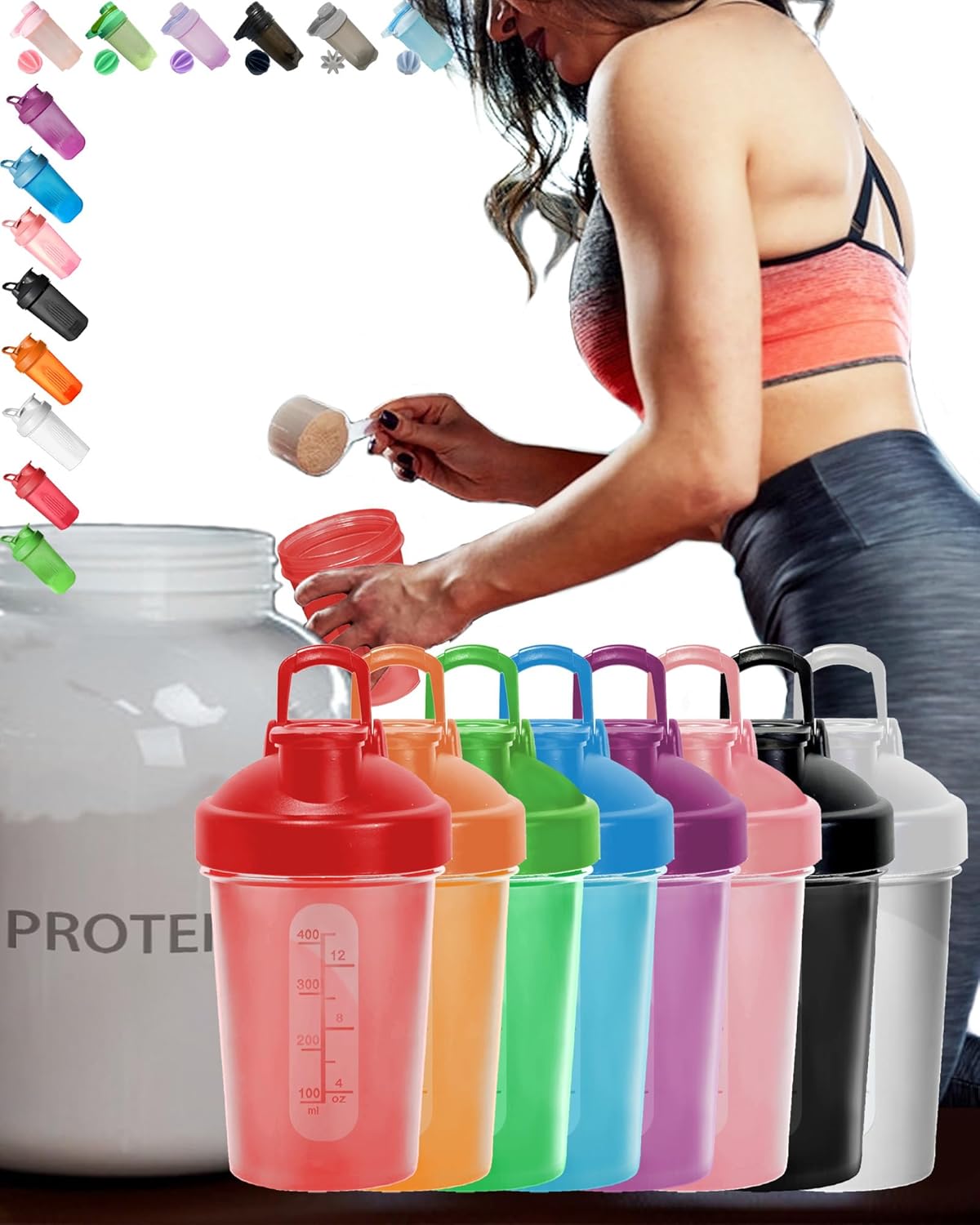 8 Color Pack Shaker Bottle (Pink,Green,Purple,Black,White,Red,Blue,Orange) Scale 12oz for Protein Supplement Drink,BPA Free,Classic Loop,Dishwasher Safe,Leak Proof,Easy to Clean,w/Whisk Mixer Ball