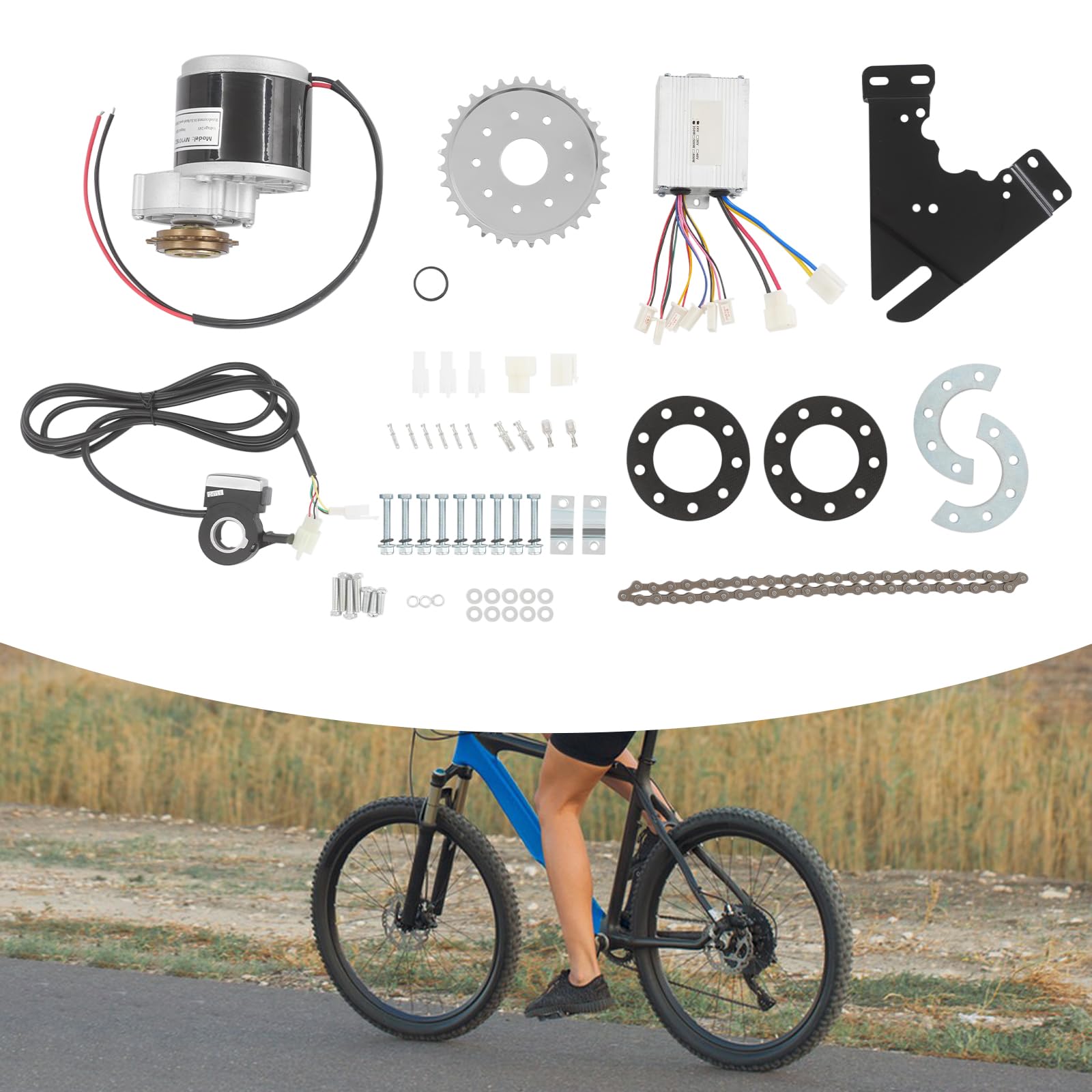 Kit de conversion de vélo électrique 350 W 24 V avec gaz à pouce, kit de conversion de vélo électrique avec entraînement à chaîne et réglage de la vitesse en continu, moteur à balais en cuivre pur