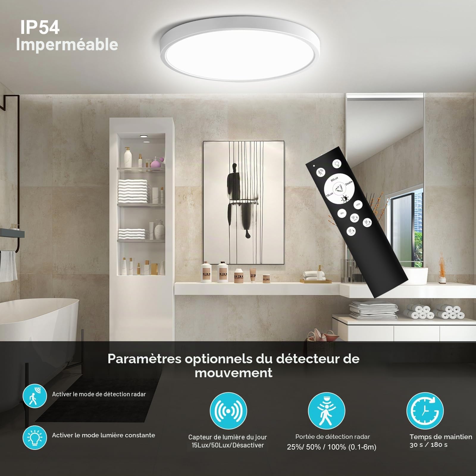 Lampe Detecteur de Mouvement Interieur, 28W 2800LM Luminaire Plafonnier Dimmable avec Télécommande, IP54 Plafonnier LED Salle de Bain pour Cuisine Chambre Couloir Cave Garage Balcon 30cm